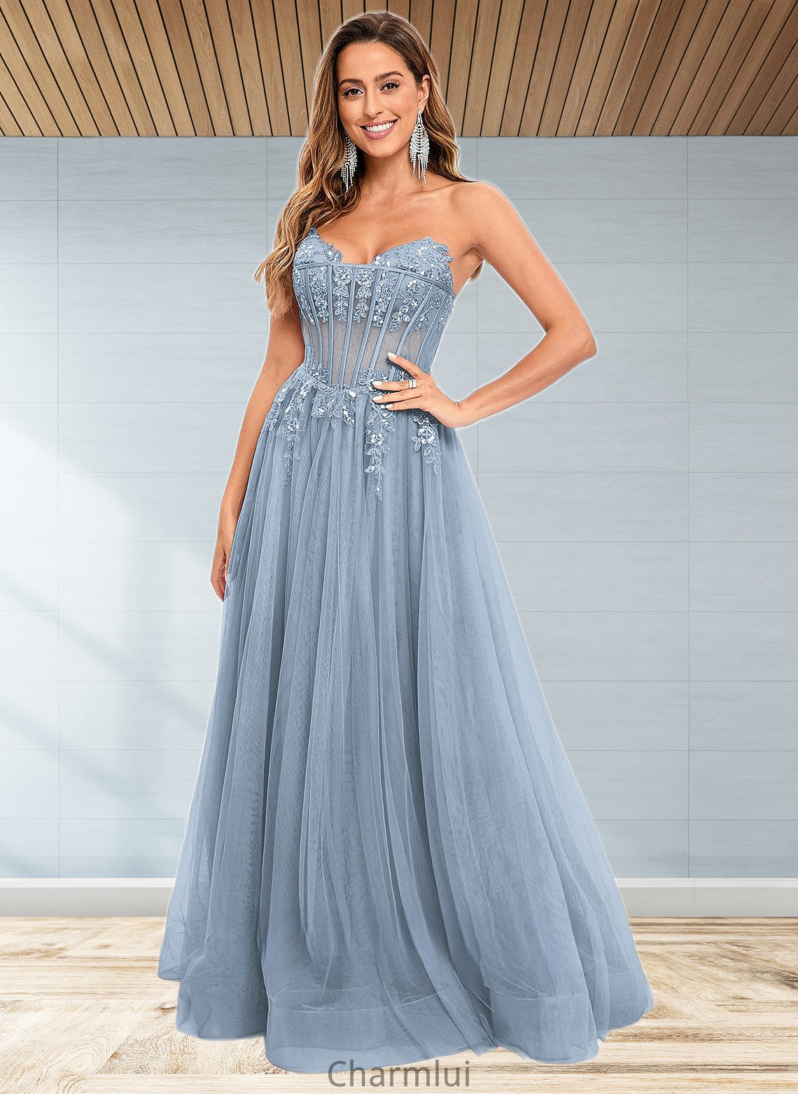 Anahi Ball-Gown/Princess V-Neck Floor-Length Tulle Prom Dresses With Sequins Appliques Lace DYP0025837