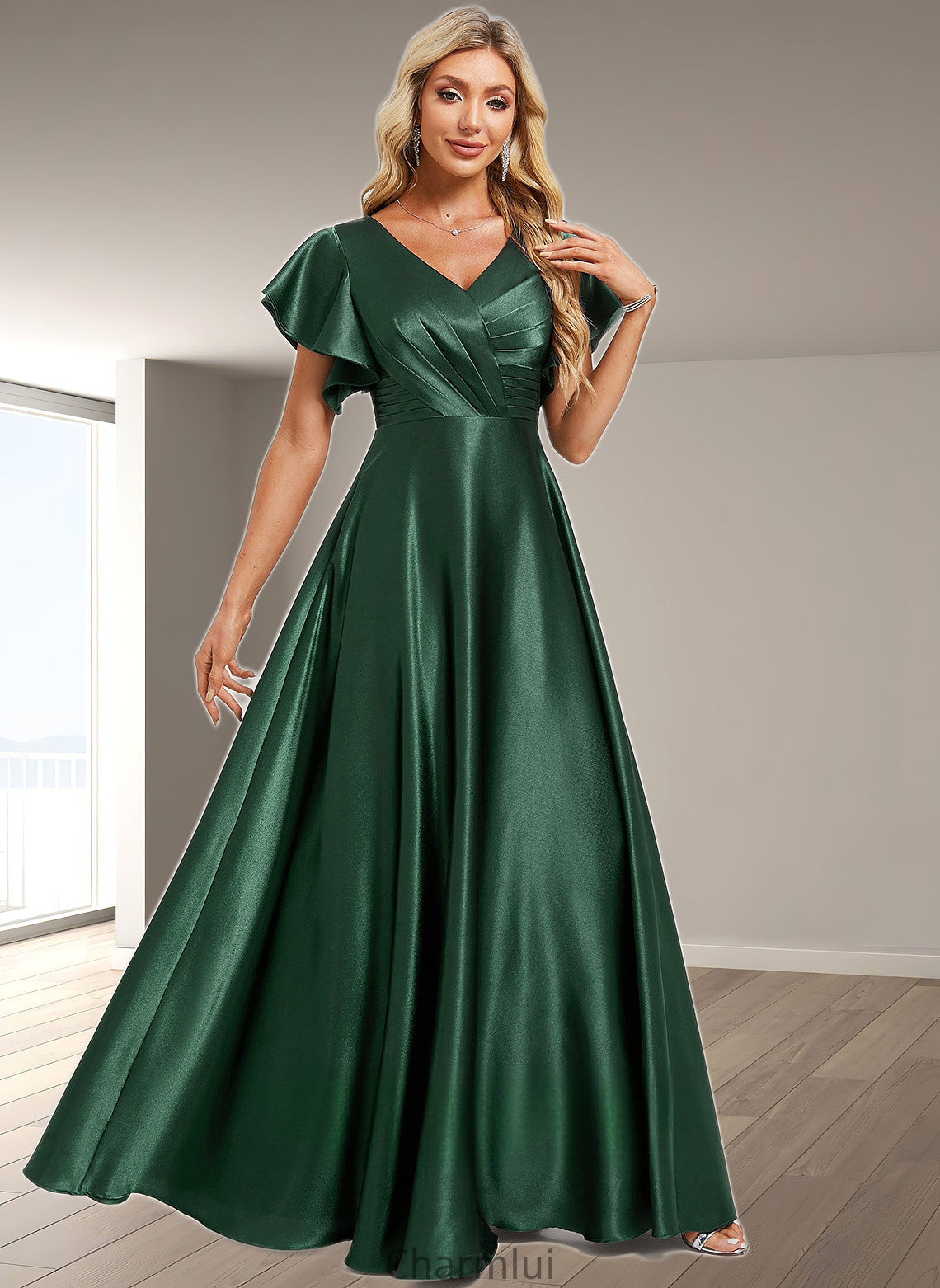 Ashley A-line V-Neck Floor-Length Stretch Satin Bridesmaid Dress With Ruffle DYP0025773