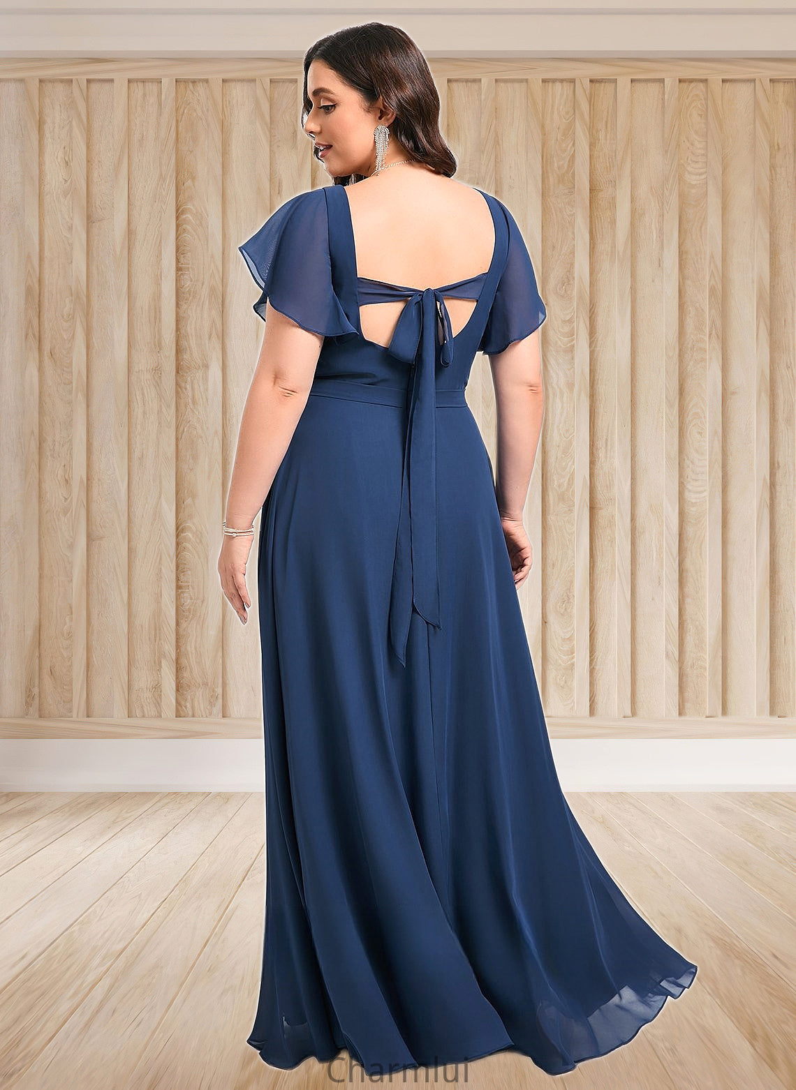 Nell A-line V-Neck Floor-Length Chiffon Bridesmaid Dress With Ruffle DYP0025802