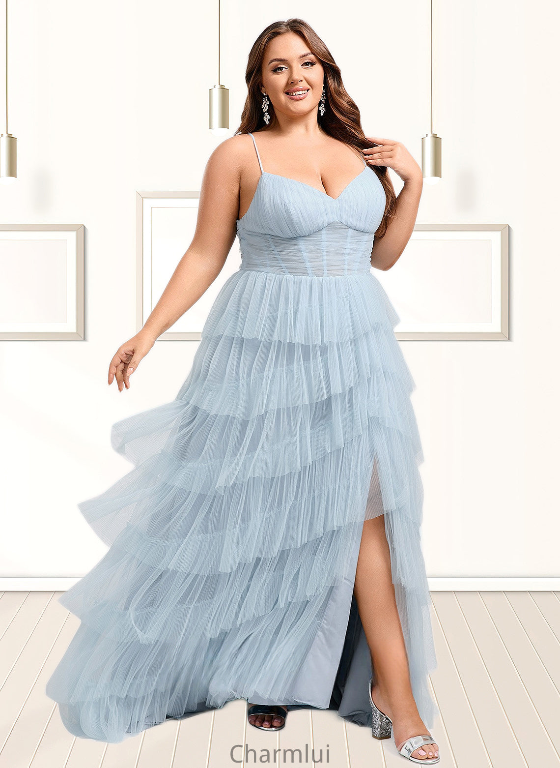 Azul Ball-Gown/Princess V-Neck Sweep Train Tulle Prom Dresses DYP0025833