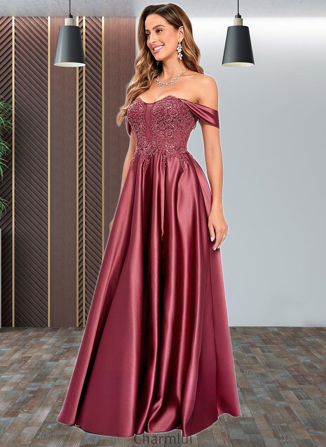 Ginny A-line Off the Shoulder Floor-Length Satin Lace Prom Dresses With Sequins DYP0025841