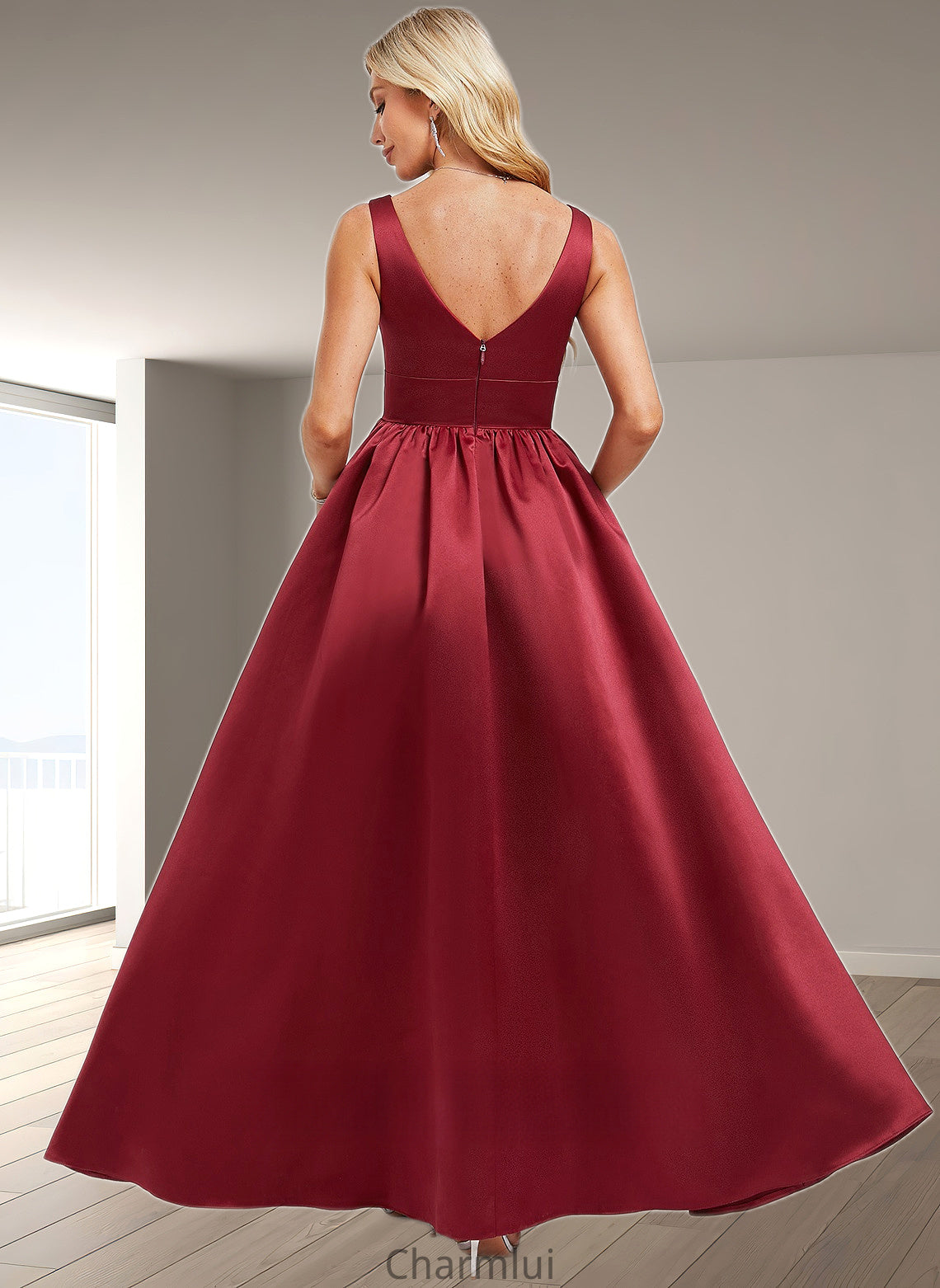 Alia A-line V-Neck Floor-Length Satin Bridesmaid Dress DYP0025775