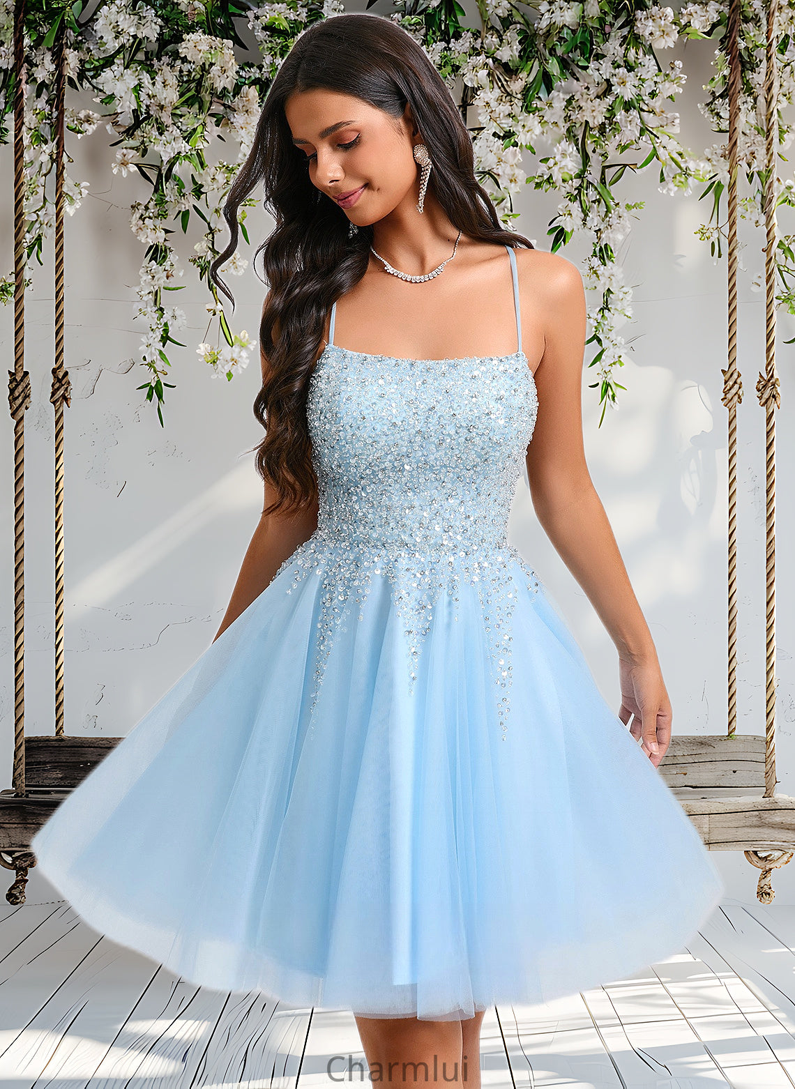 Azul A-line Scoop Short Tulle Sequin Homecoming Dress With Sequins Beading DYP0025706