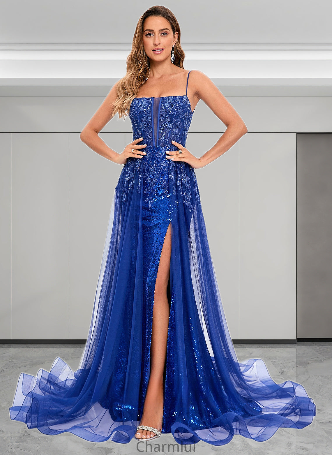 Britney Trumpet/Mermaid Straight Sweep Train Tulle Sequin Prom Dresses With Sequins Appliques Lace DYP0025857