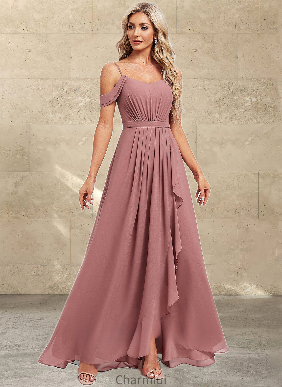 Carly A-line Cold Shoulder Asymmetrical Chiffon Bridesmaid Dress DYP0025823