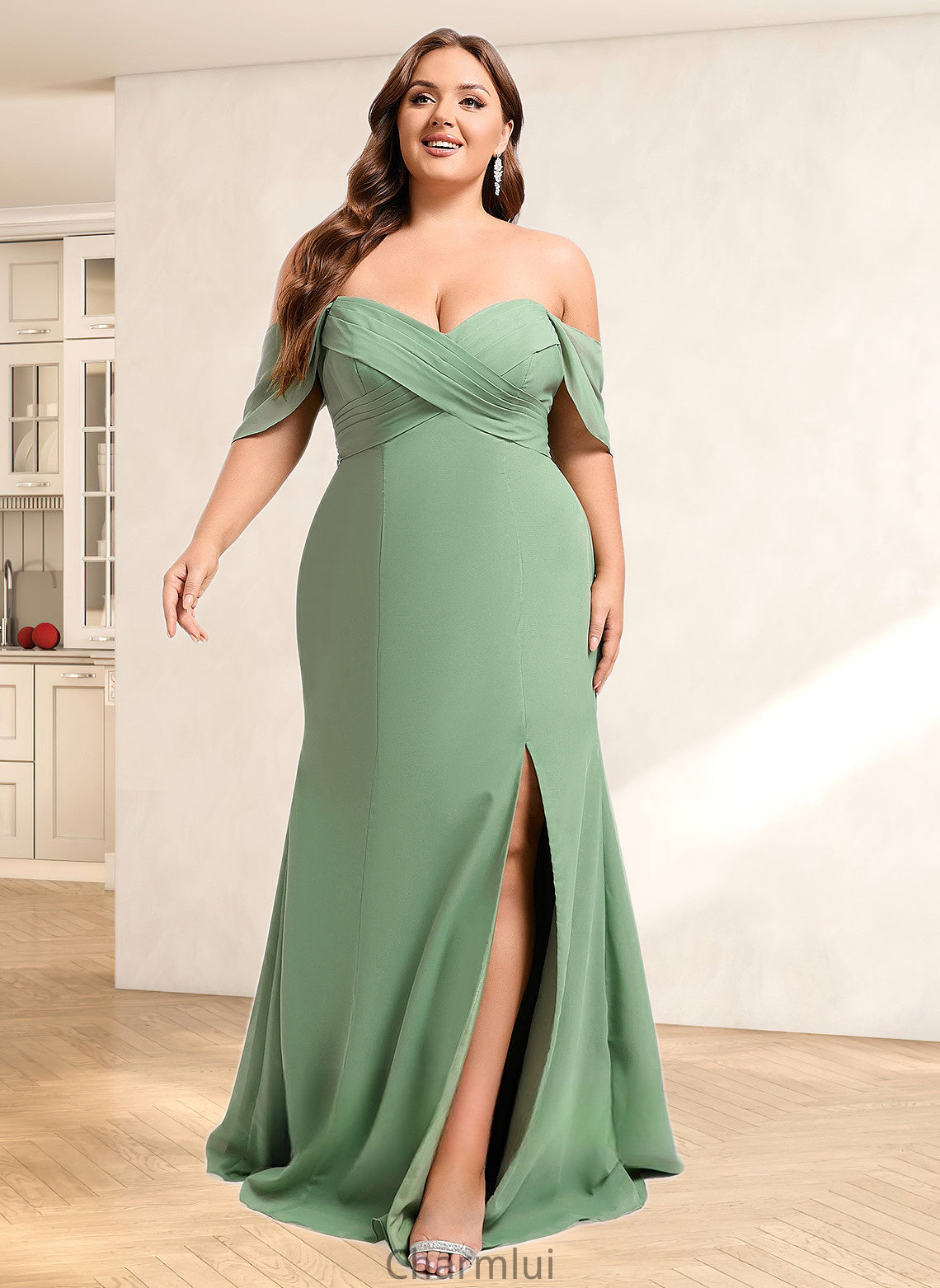 Campbell Trumpet/Mermaid Off the Shoulder V-Neck Floor-Length Chiffon Bridesmaid Dress DYP0025810