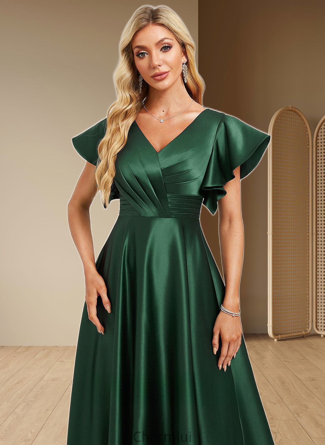 Marisa A-line V-Neck Floor-Length Satin Bridesmaid Dress With Ruffle DYP0025777