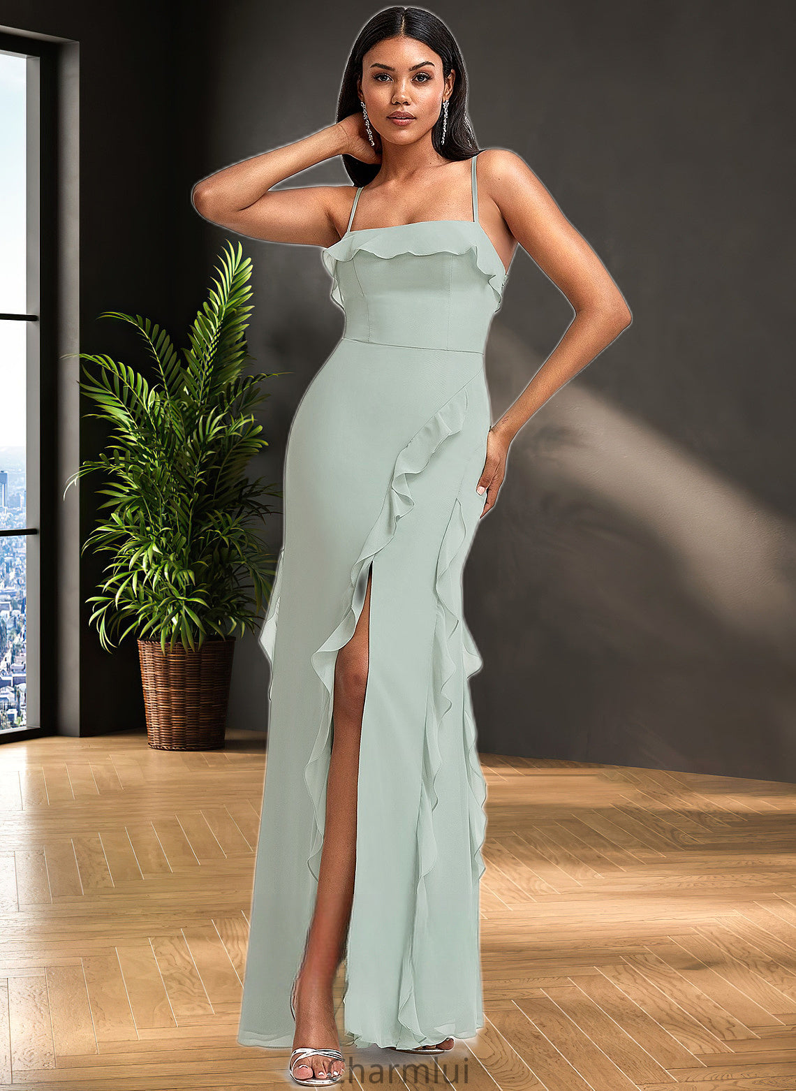 Courtney A-line Square Floor-Length Chiffon Bridesmaid Dress With Ruffle DYP0025735