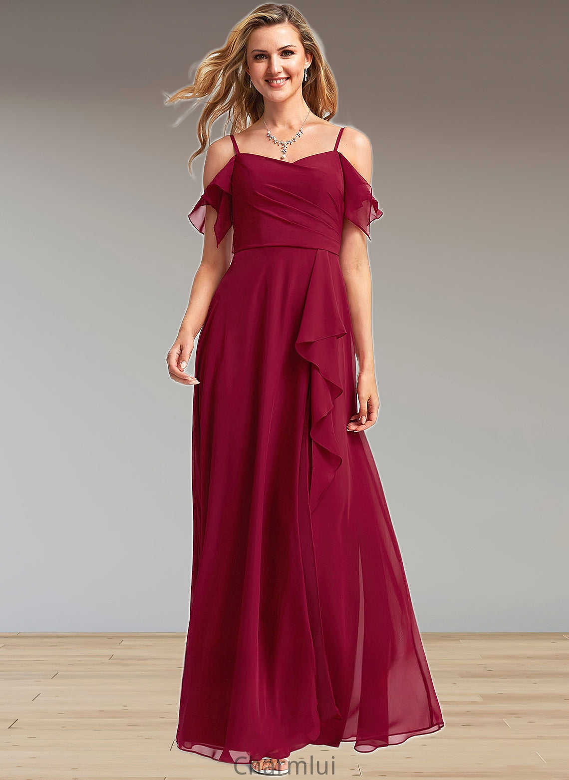 Gracelyn A-line Cold Shoulder Floor-Length Chiffon Bridesmaid Dress With Ruffle DYP0025755