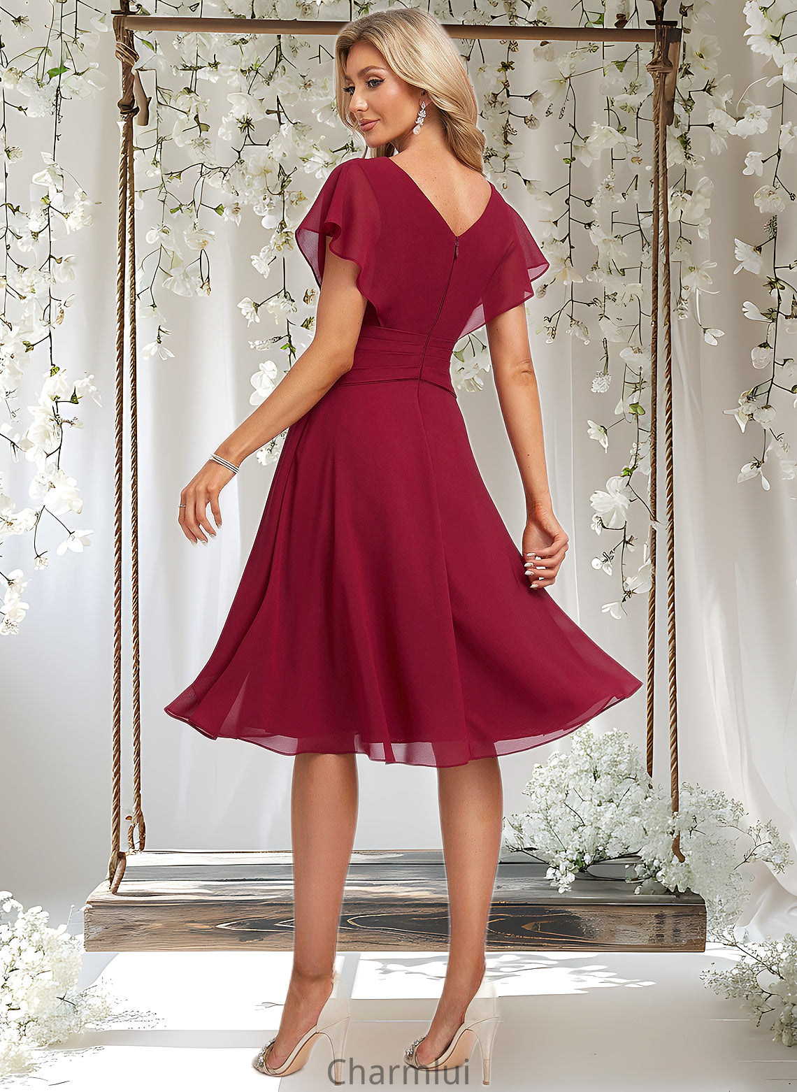 Georgia A-line V-Neck Knee-Length Chiffon Homecoming Dress With Ruffle DYP0025716