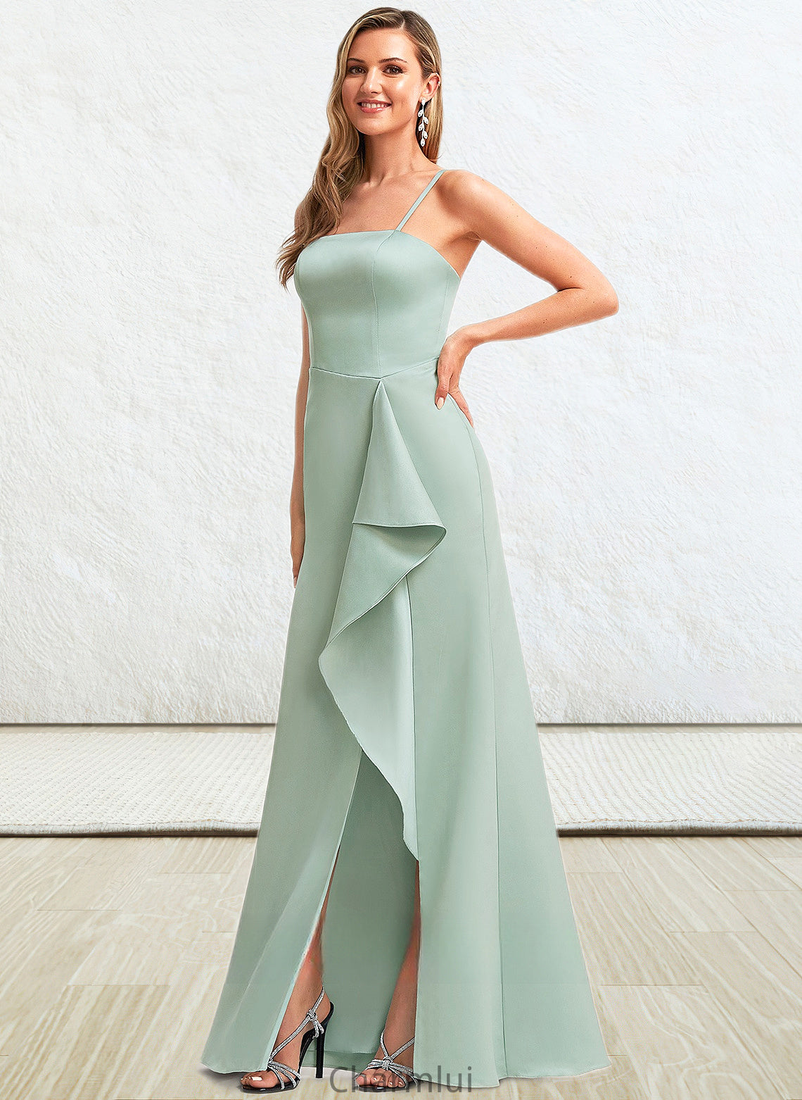 Marcie A-line Square Floor-Length Satin Bridesmaid Dress With Ruffle DYP0025736