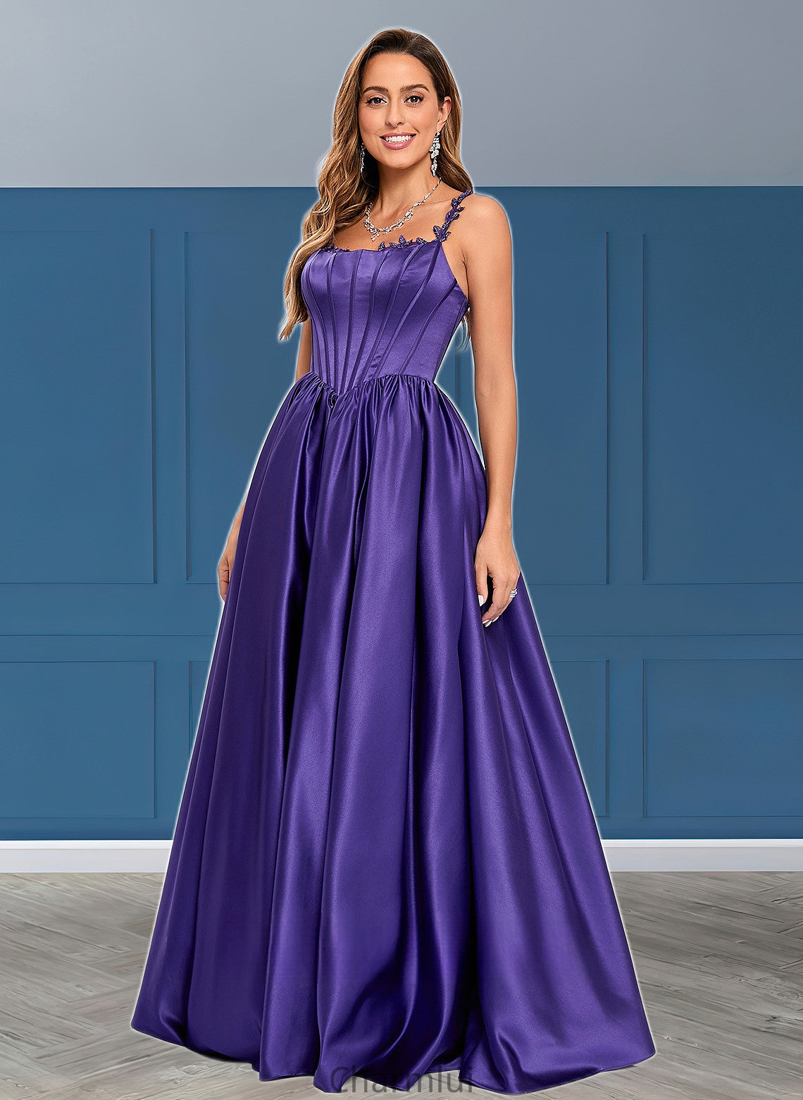 Yaritza Ball-Gown/Princess Scoop Floor-Length Satin Prom Dresses With Appliques Lace Beading DYP0025865