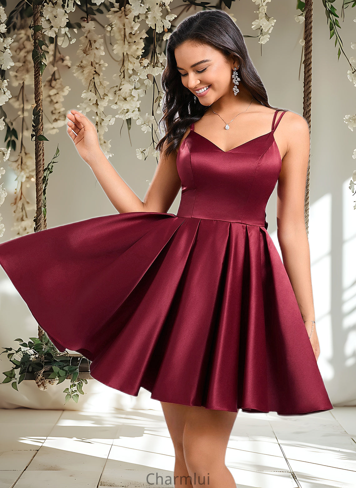 Noemi Ball-Gown/Princess V-Neck Short Satin Homecoming Dress With Bow DYP0025662