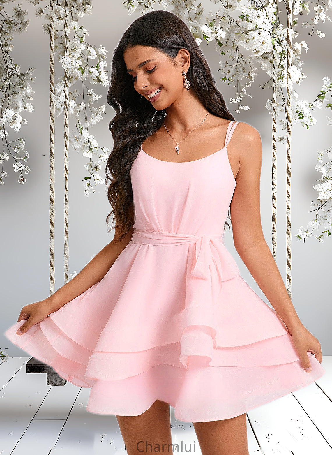 Cecilia A-line Scoop Mini Chiffon Homecoming Dress With Pleated DYP0025675