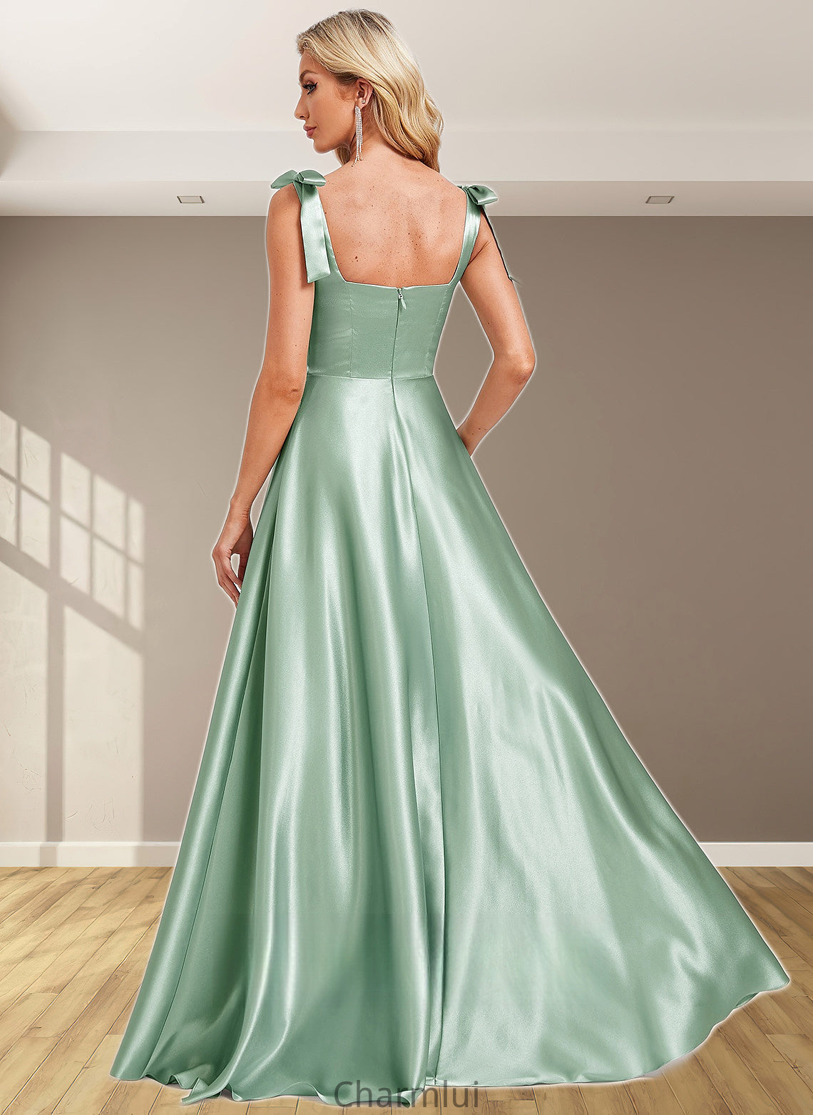 Cristal A-line Square Floor-Length Stretch Satin Bridesmaid Dress With Bow DYP0025788