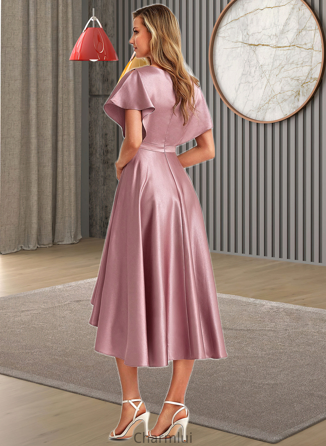 Isabell A-line V-Neck Asymmetrical Stretch Satin Bridesmaid Dress DYP0025752