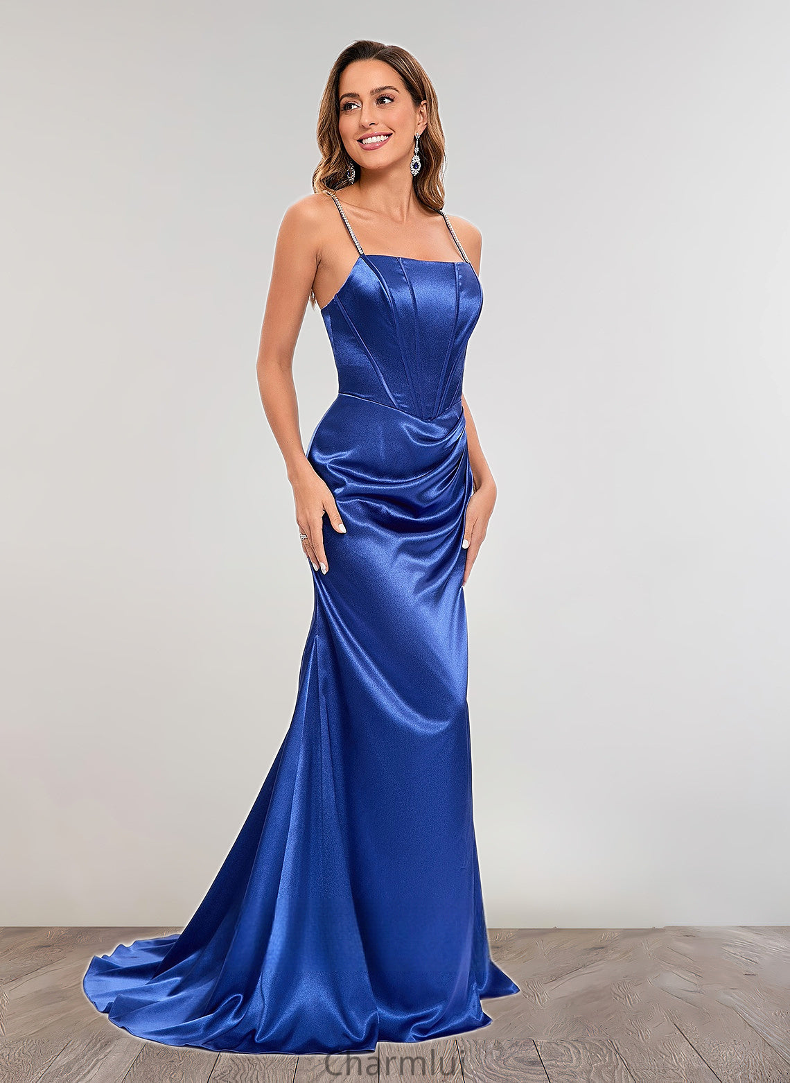 Mya Trumpet/Mermaid Straight Sweep Train Stretch Satin Prom Dresses With Rhinestone DYP0025861