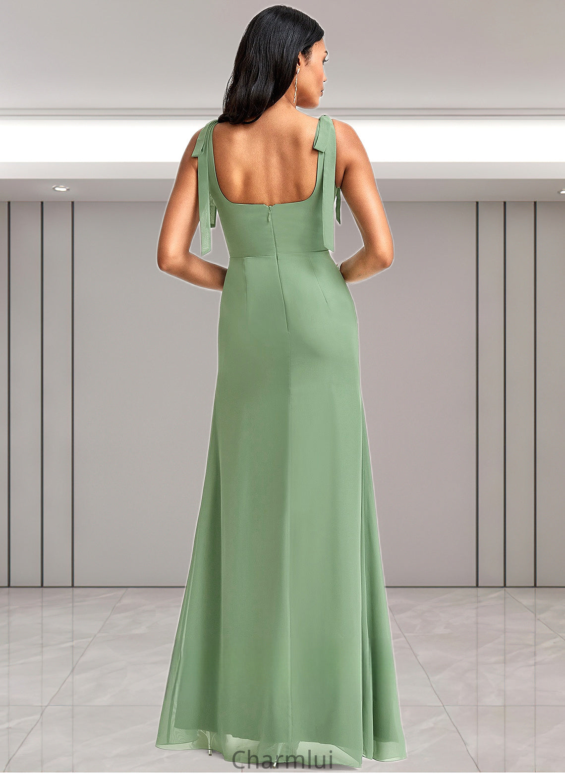 Summer A-line Square Floor-Length Chiffon Bridesmaid Dress With Bow DYP0025740