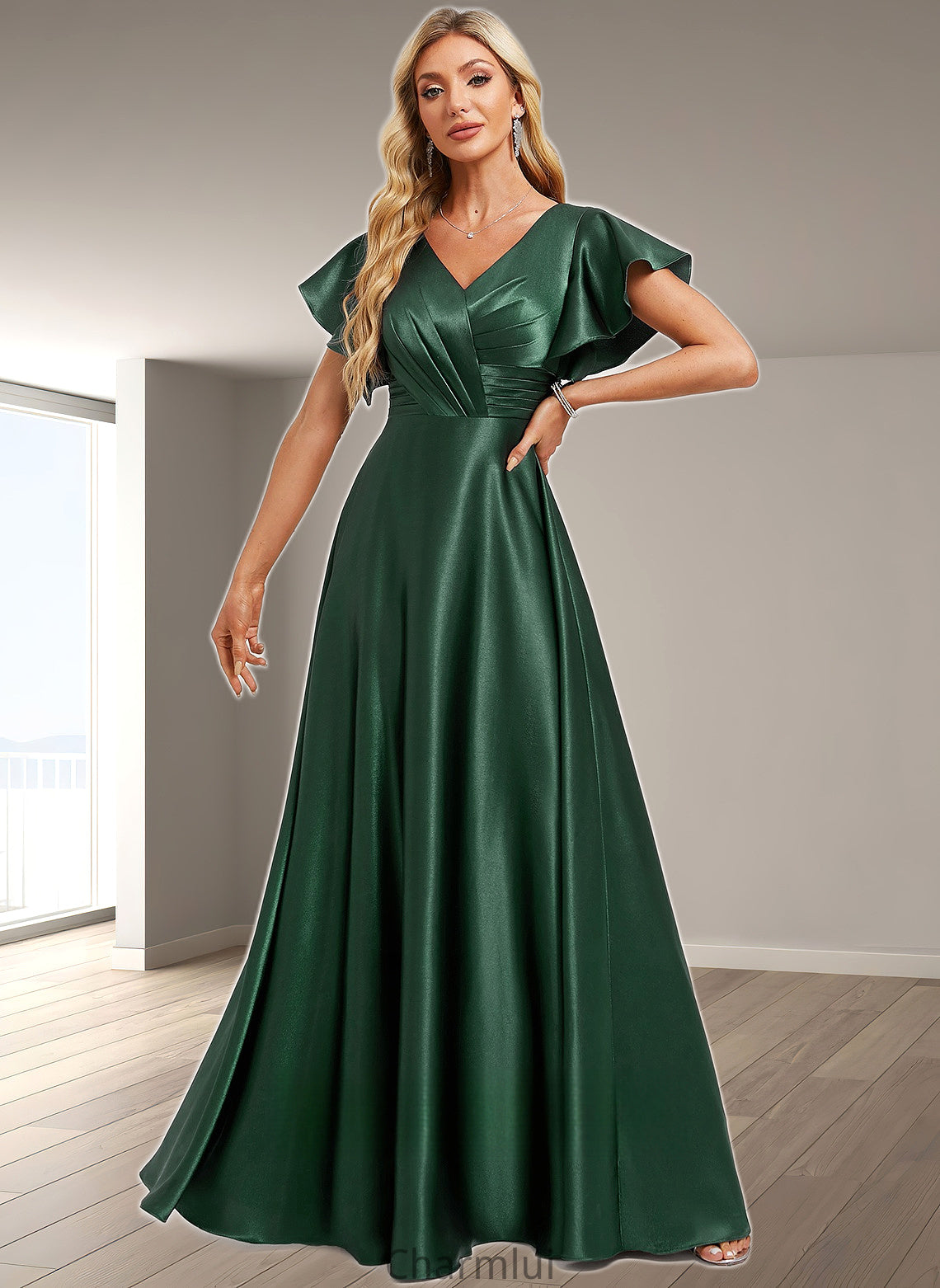 Ashley A-line V-Neck Floor-Length Stretch Satin Bridesmaid Dress With Ruffle DYP0025773