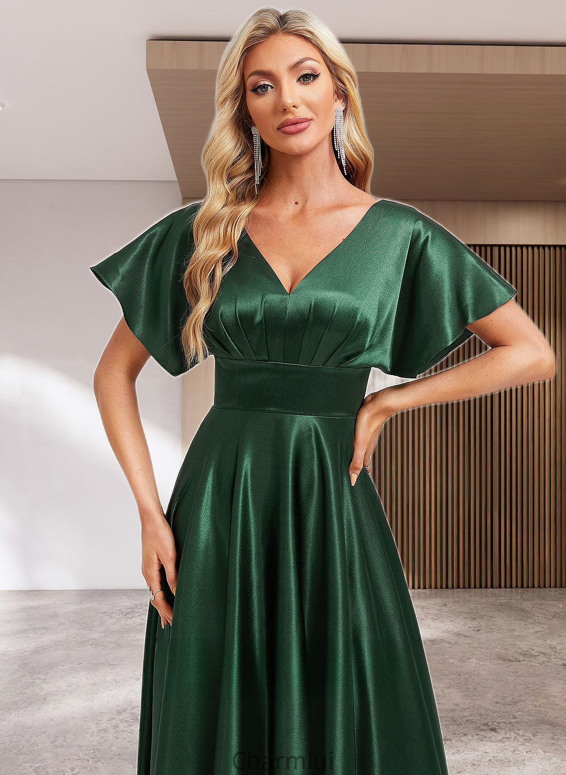 Rubi A-line V-Neck Floor-Length Stretch Satin Bridesmaid Dress DYP0025782