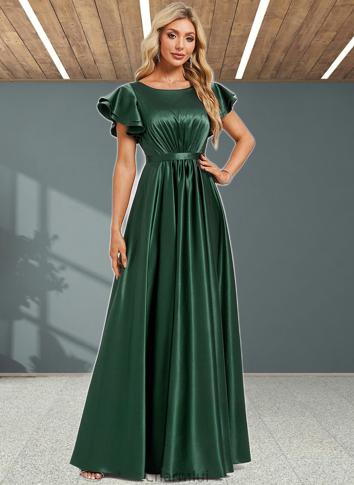 Alivia A-line Scoop Floor-Length Stretch Satin Bridesmaid Dress With Ruffle DYP0025770