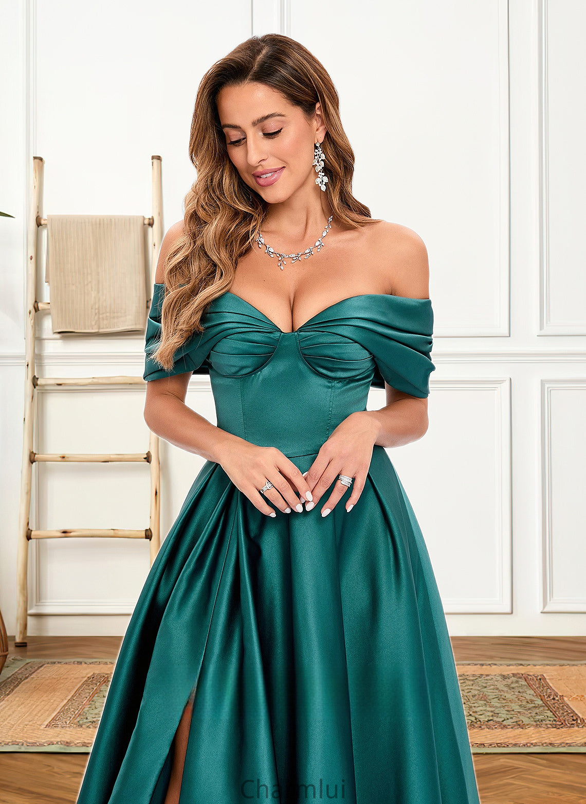 Jacey A-line Off the Shoulder Floor-Length Satin Prom Dresses With Pleated DYP0025851