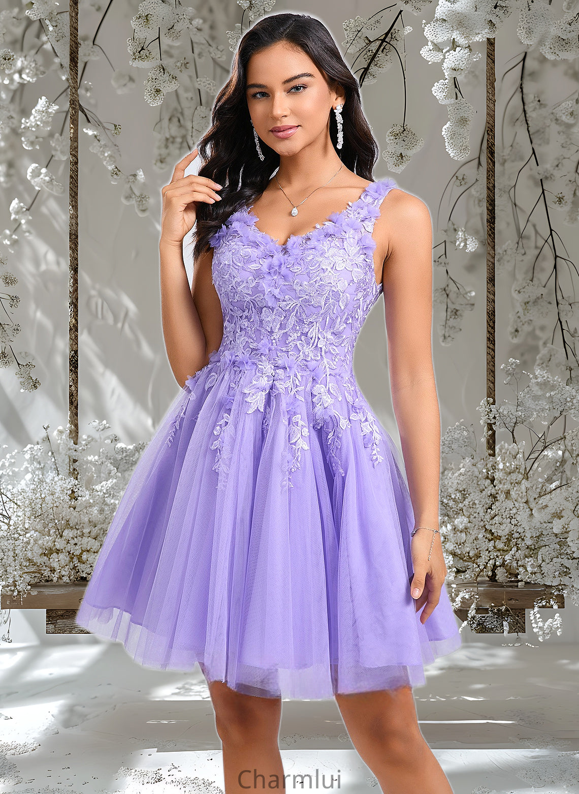 Everly Ball-Gown/Princess V-Neck Short Lace Tulle Homecoming Dress With Flower DYP0025656