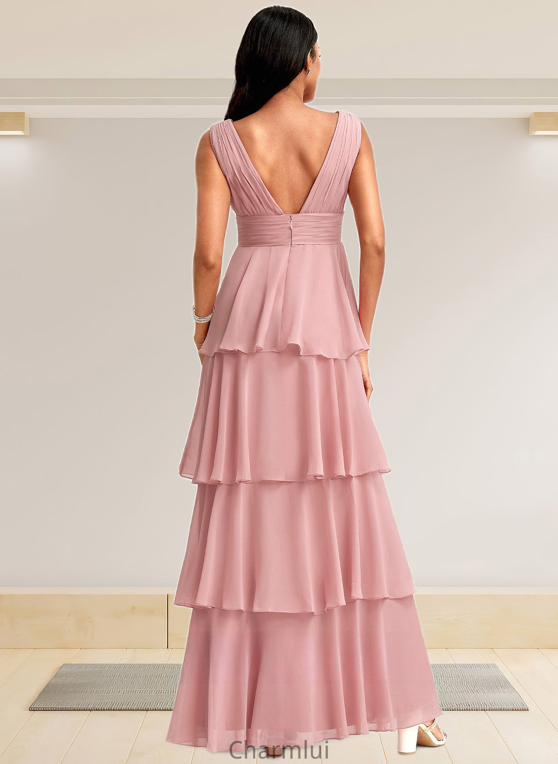 Aubrie A-line V-Neck Floor-Length Chiffon Bridesmaid Dress DYP0025749