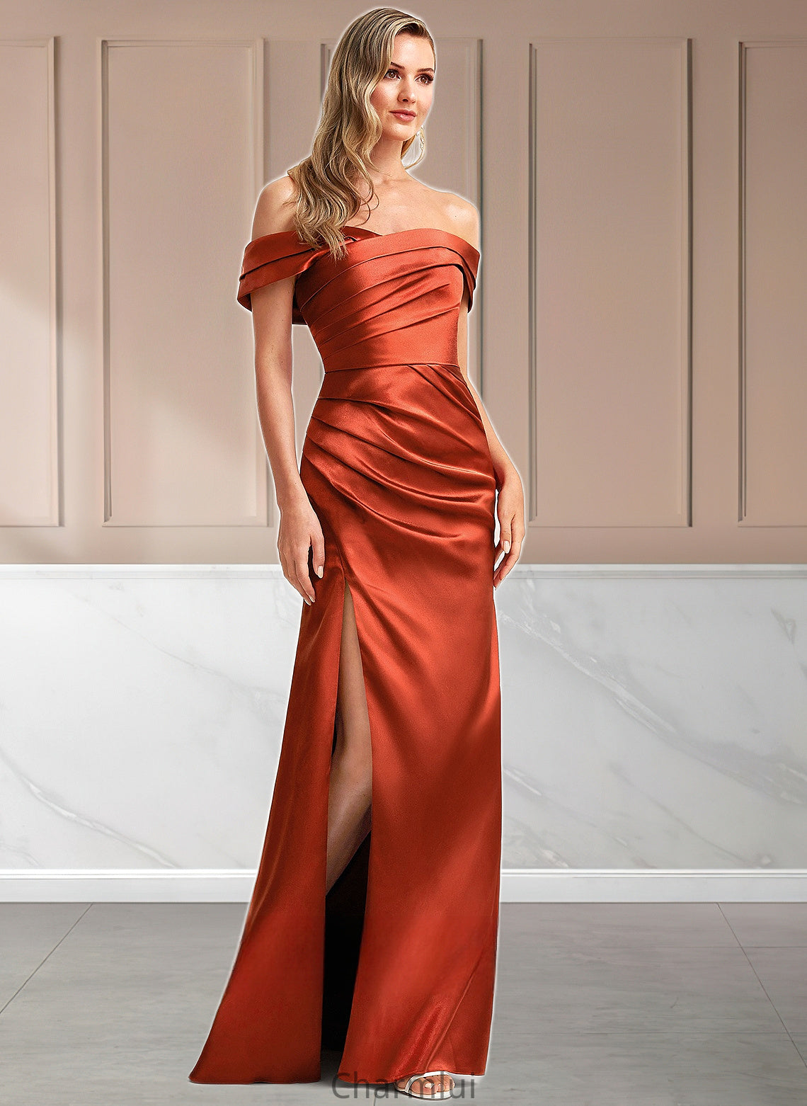 Jasmin A-line Off the Shoulder Floor-Length Stretch Satin Bridesmaid Dress DYP0025757