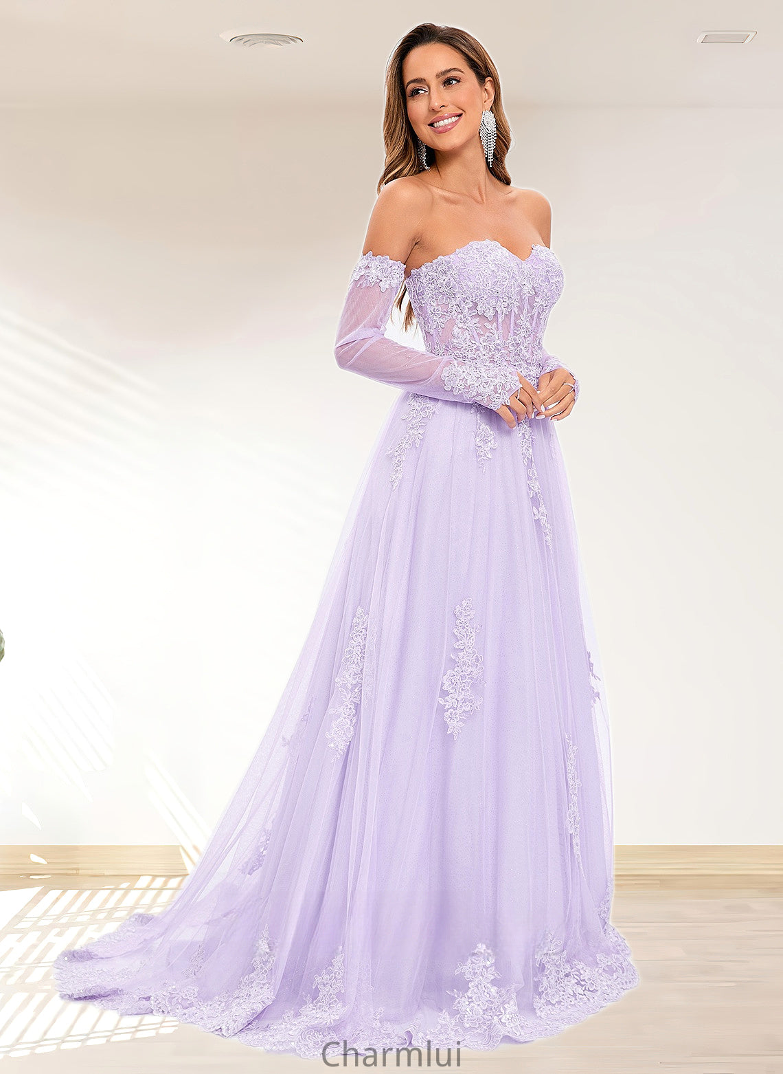 Deborah A-line Sweetheart Sweep Train Tulle Prom Dresses With Sequins Appliques Lace DYP0025856