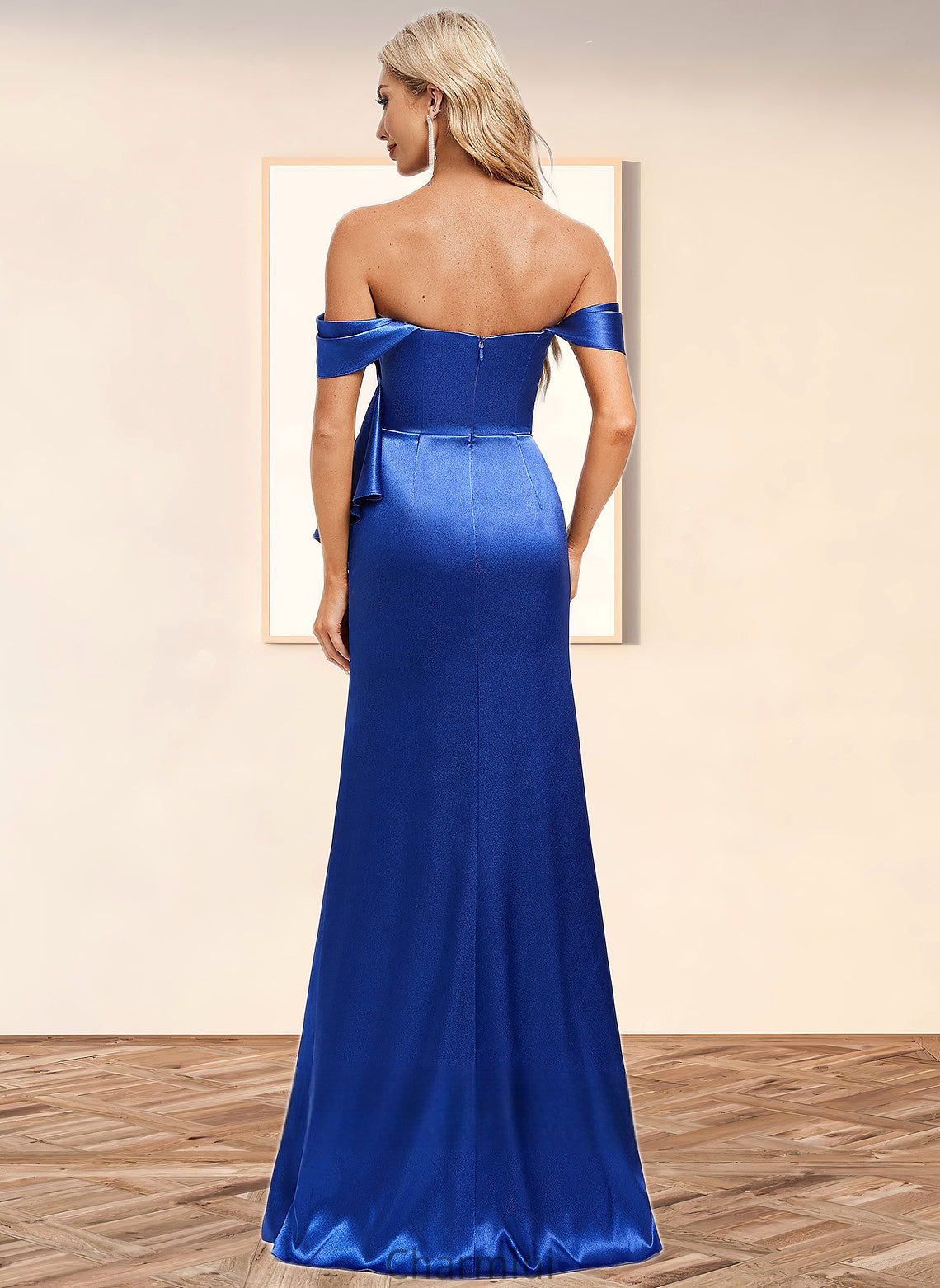 Athena Trumpet/Mermaid Off the Shoulder Floor-Length Stretch Satin Bridesmaid Dress With Ruffle DYP0025800