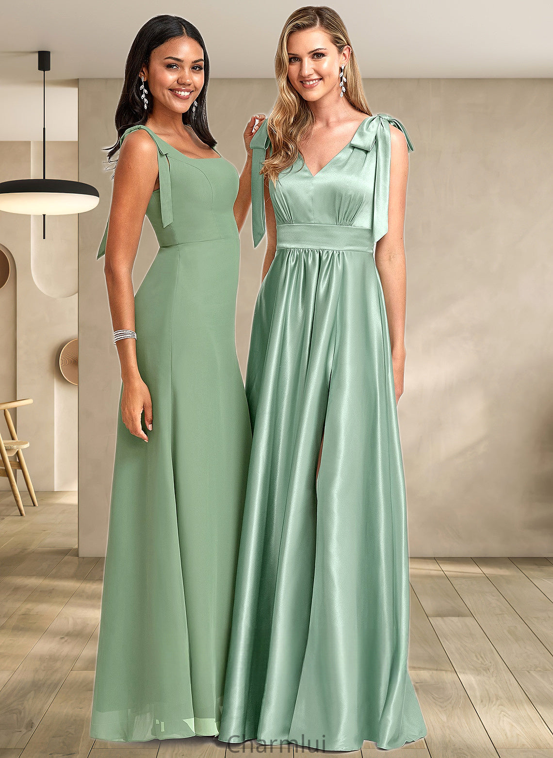 Kate A-line V-Neck Floor-Length Stretch Satin Bridesmaid Dress With Bow DYP0025737