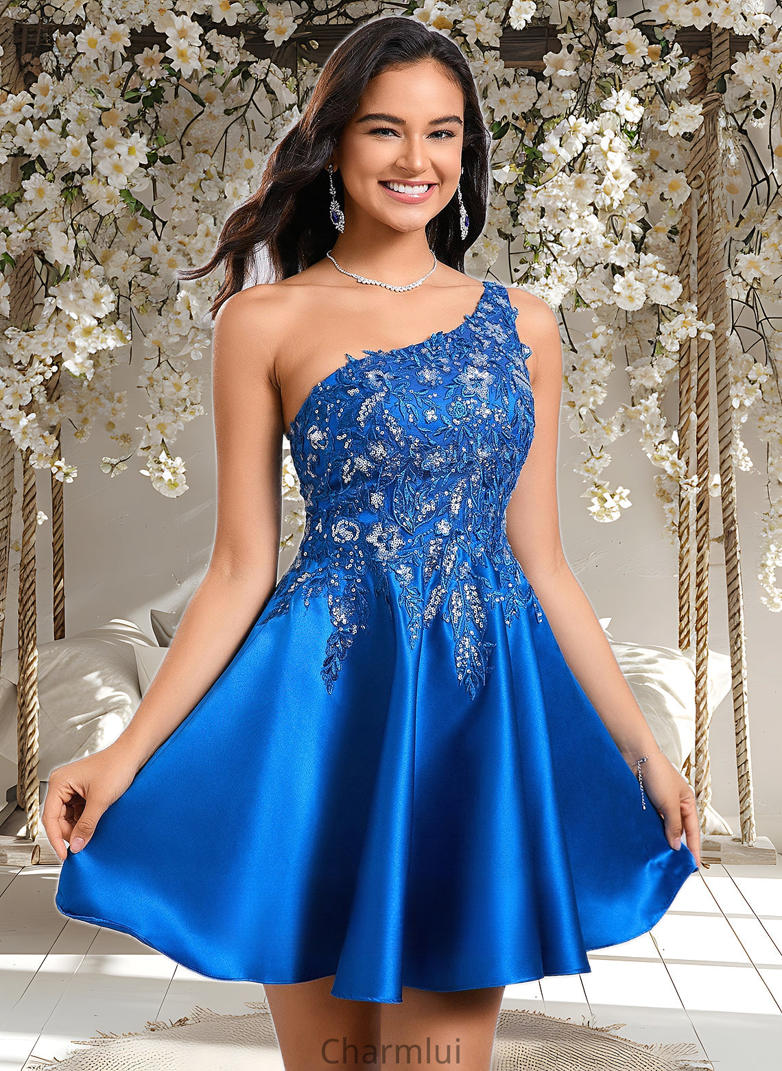 Logan A-line One Shoulder Short Satin Homecoming Dress With Appliques Lace Sequins DYP0025657