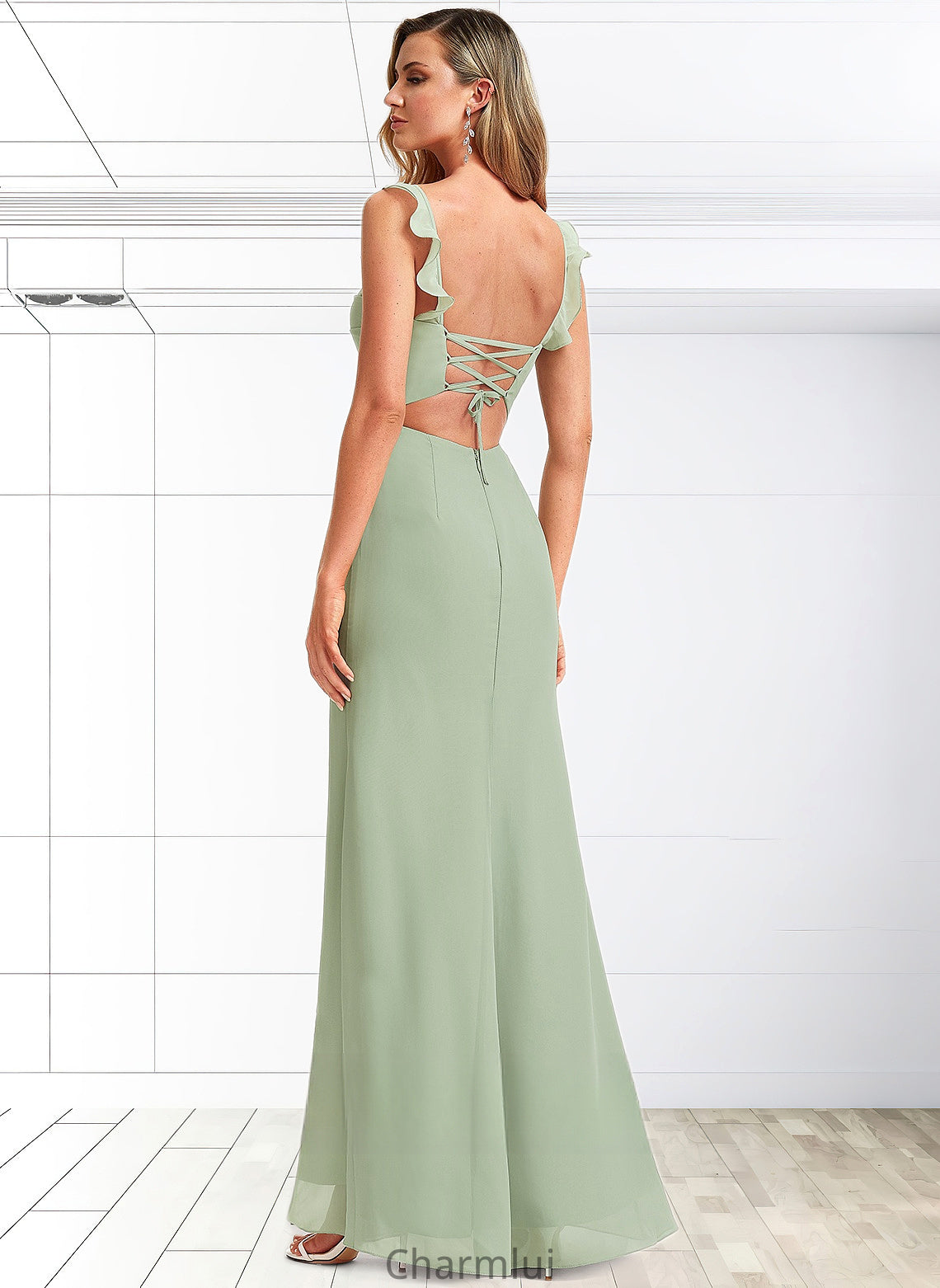 Brooklyn A-line Square Floor-Length Chiffon Bridesmaid Dress With Ruffle DYP0025739