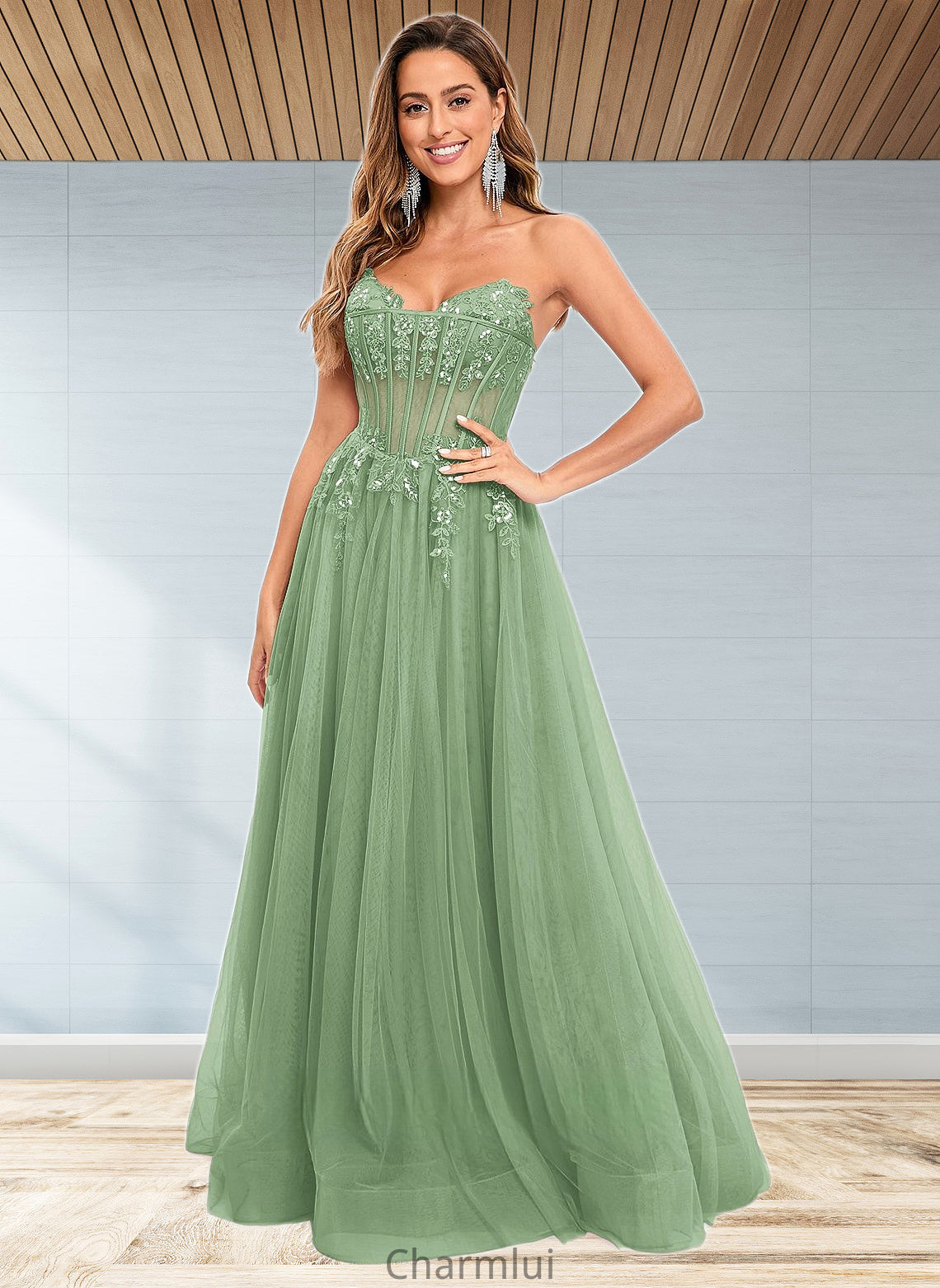 Anahi Ball-Gown/Princess V-Neck Floor-Length Tulle Prom Dresses With Sequins Appliques Lace DYP0025837