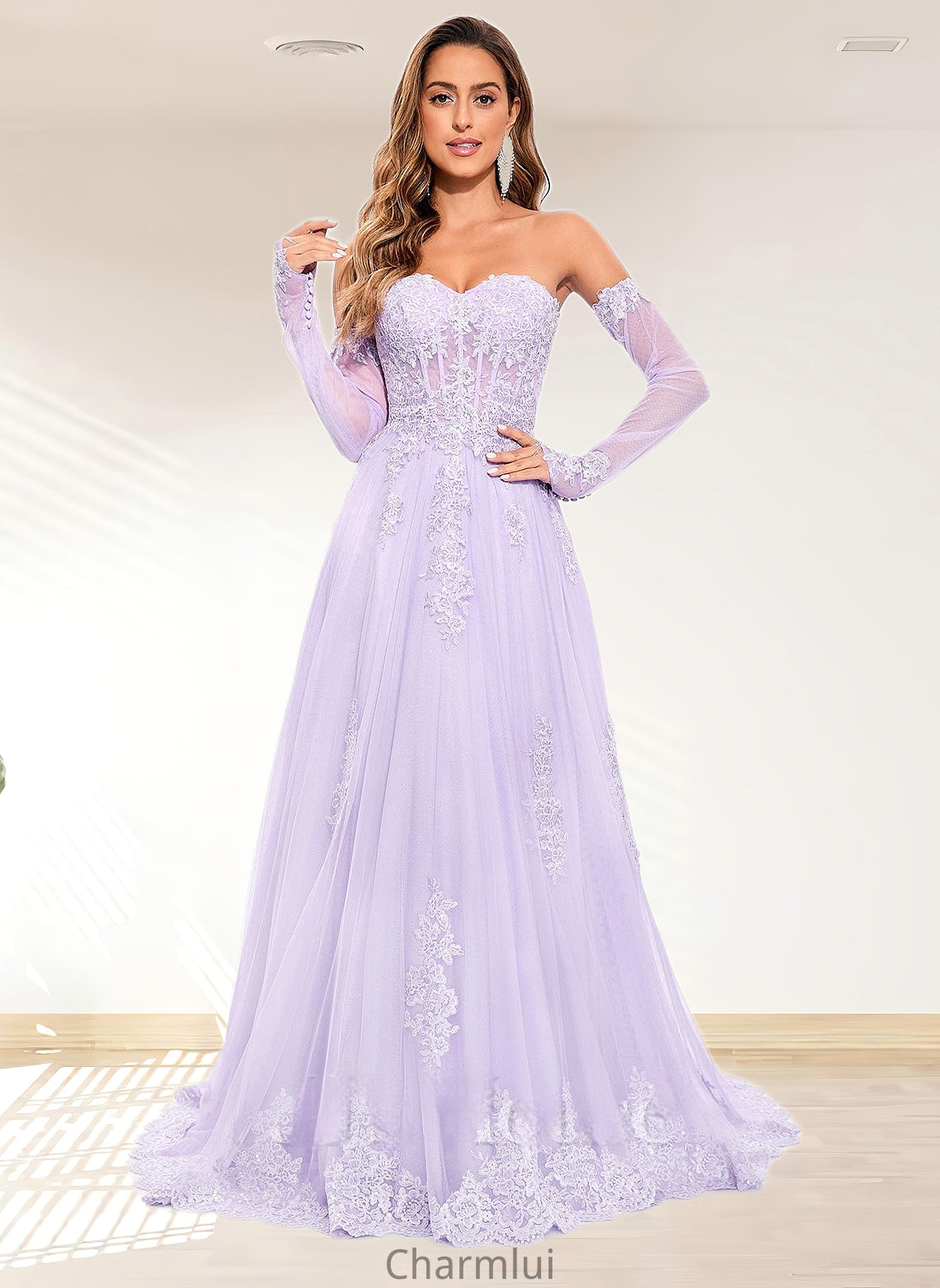 Deborah A-line Sweetheart Sweep Train Tulle Prom Dresses With Sequins Appliques Lace DYP0025856