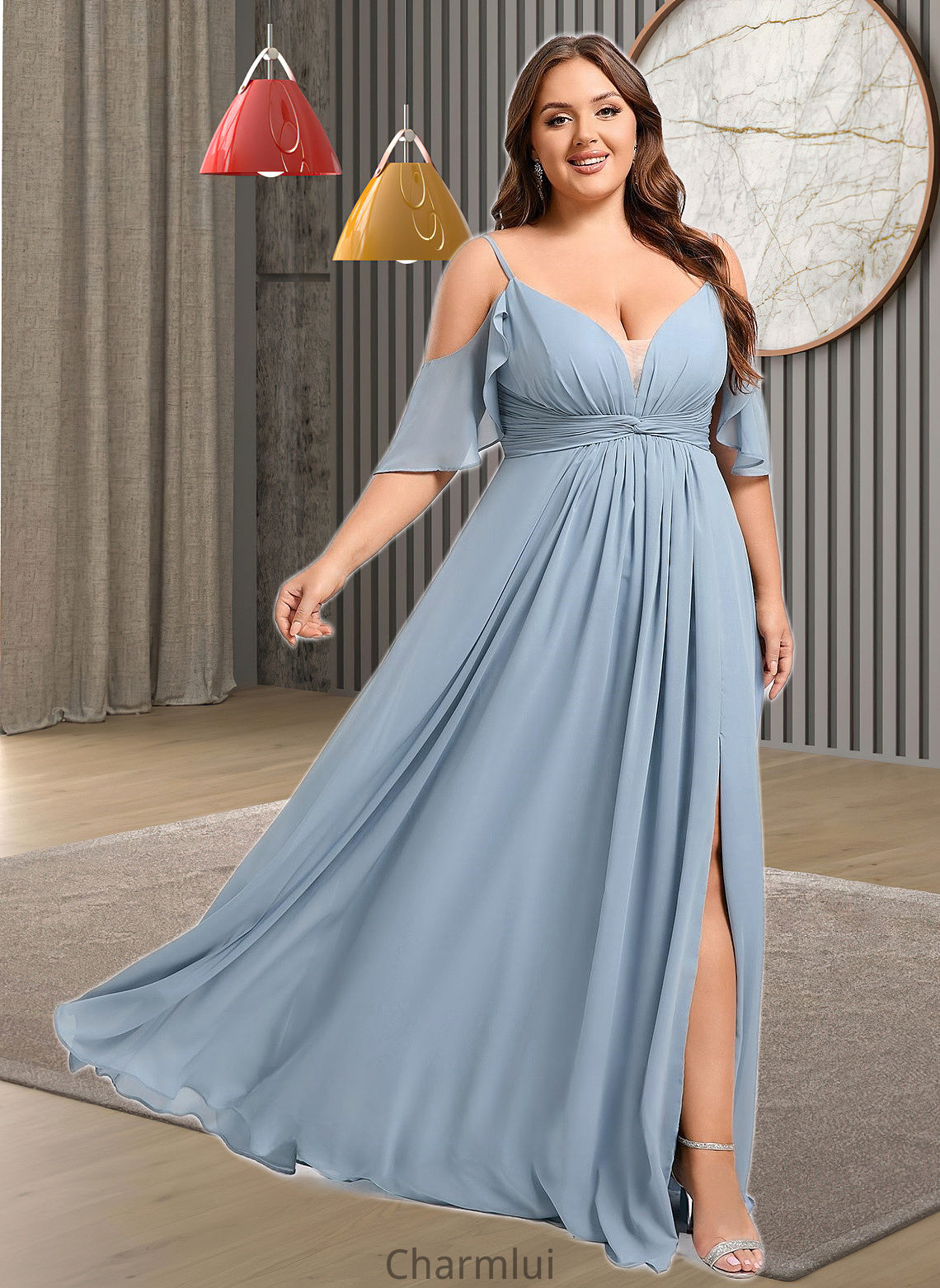 Kendra A-line Cold Shoulder Floor-Length Chiffon Bridesmaid Dress With Ruffle DYP0025797