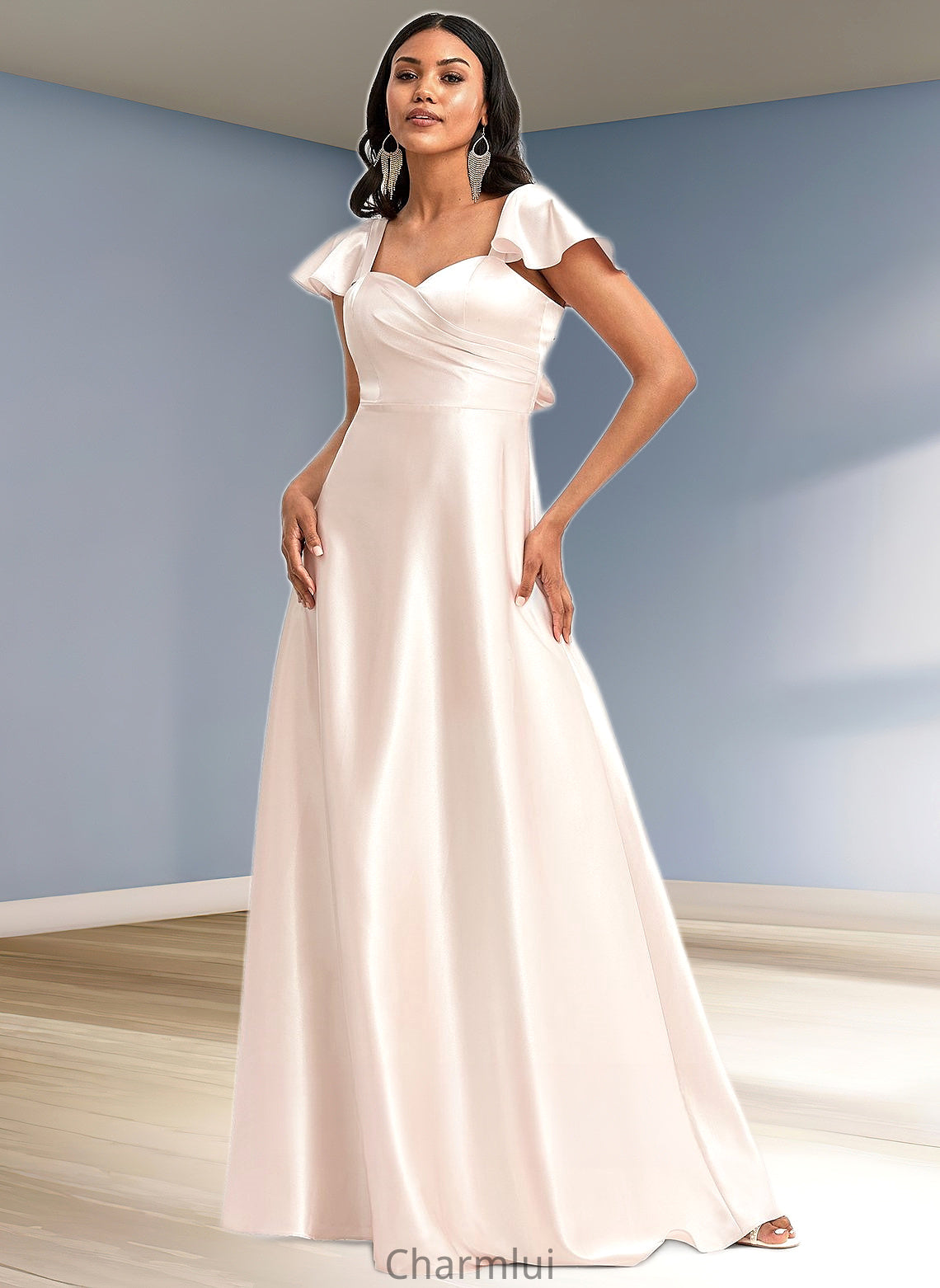 Finley A-line V-Neck Floor-Length Stretch Satin Bridesmaid Dress With Bow DYP0025759