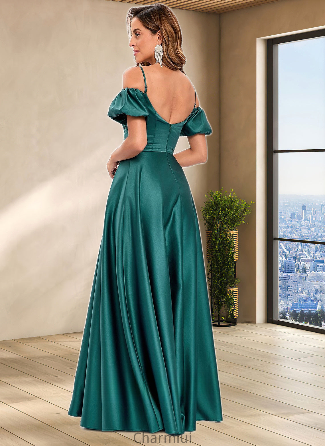 Jocelynn A-line Off the Shoulder Sweetheart Floor-Length Satin Prom Dresses DYP0025852