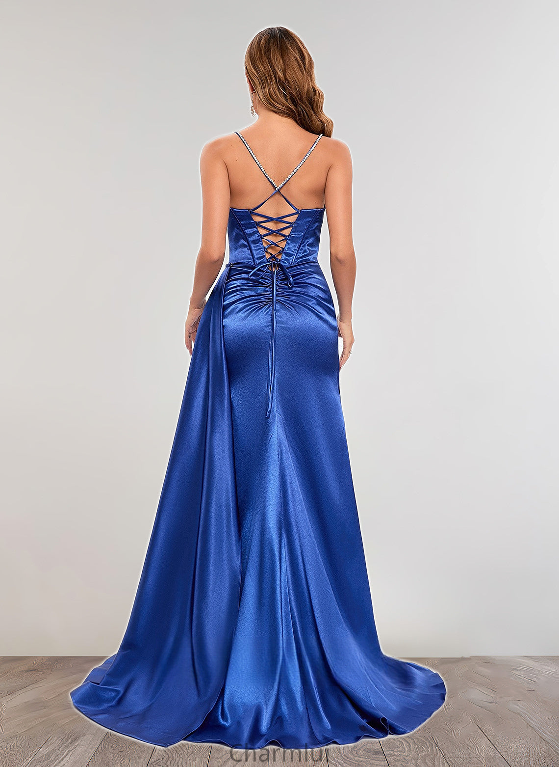 Mya Trumpet/Mermaid Straight Sweep Train Stretch Satin Prom Dresses With Rhinestone DYP0025861