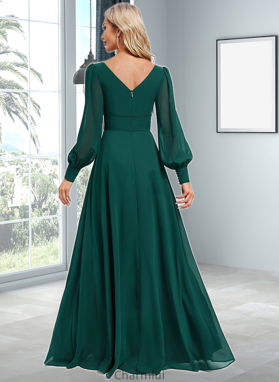 Angelina A-line V-Neck Floor-Length Chiffon Bridesmaid Dress DYP0025816