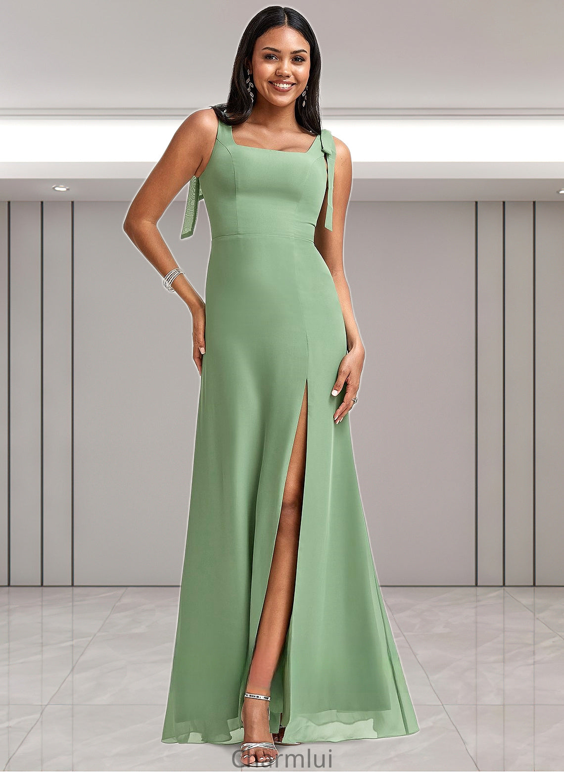 Summer A-line Square Floor-Length Chiffon Bridesmaid Dress With Bow DYP0025740