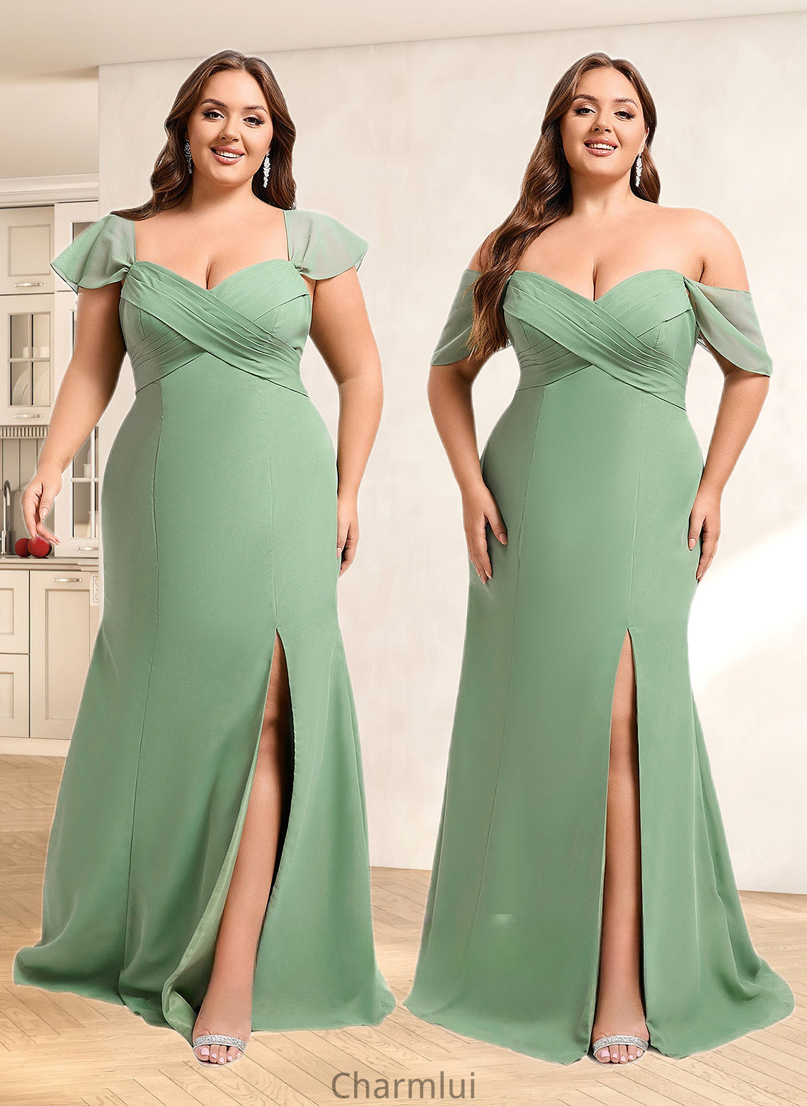 Campbell Trumpet/Mermaid Off the Shoulder V-Neck Floor-Length Chiffon Bridesmaid Dress DYP0025810