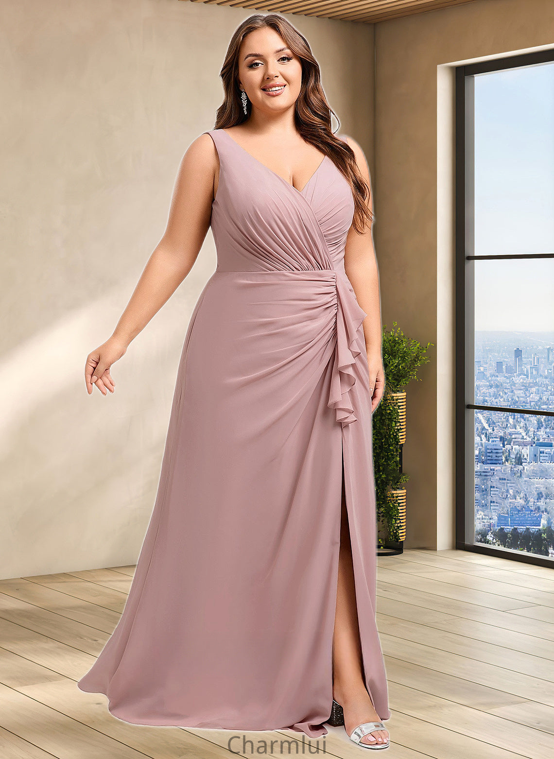 Alana A-line V-Neck Floor-Length Chiffon Bridesmaid Dress DYP0025820