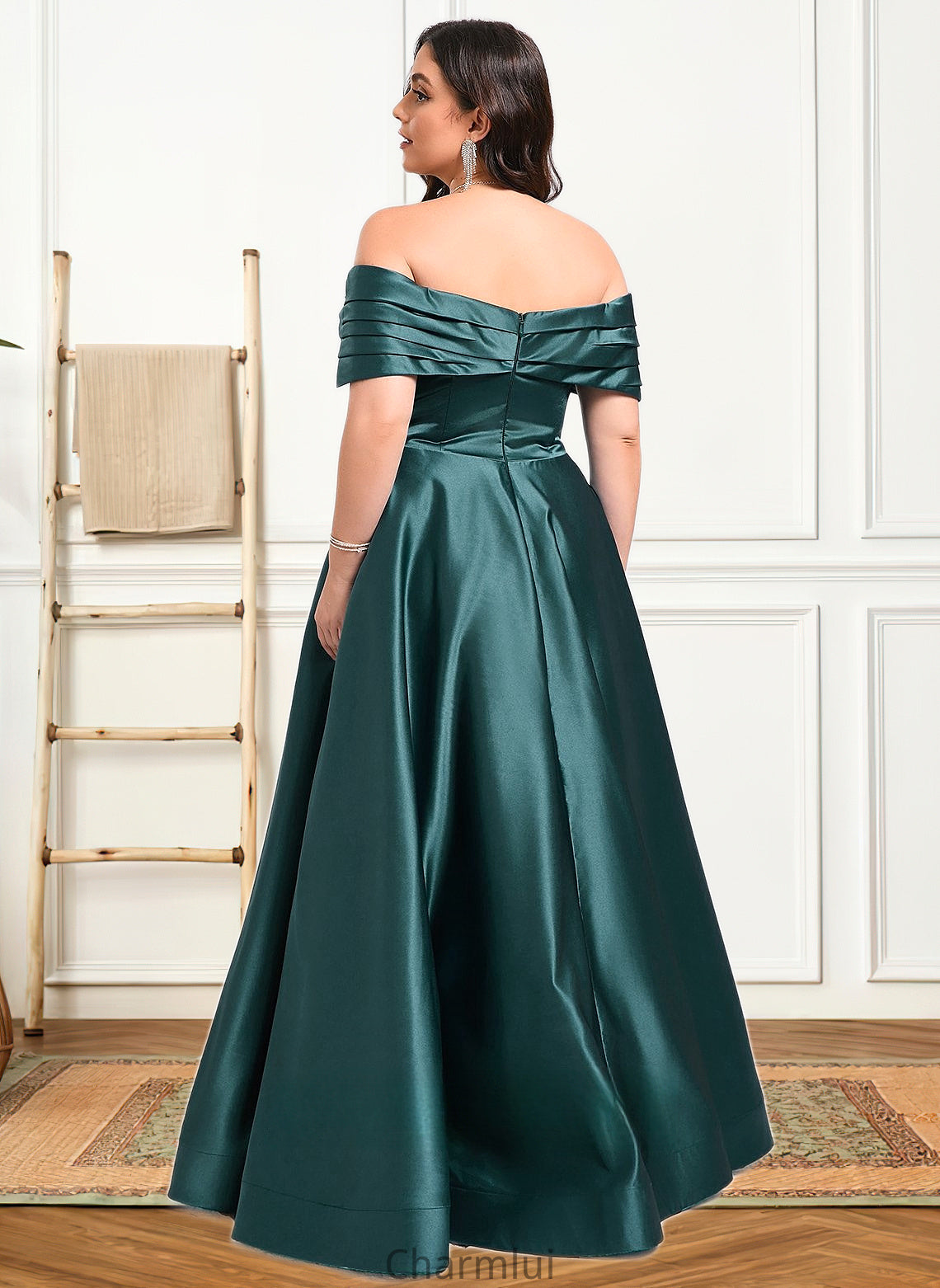 Jacey A-line Off the Shoulder Floor-Length Satin Prom Dresses With Pleated DYP0025851