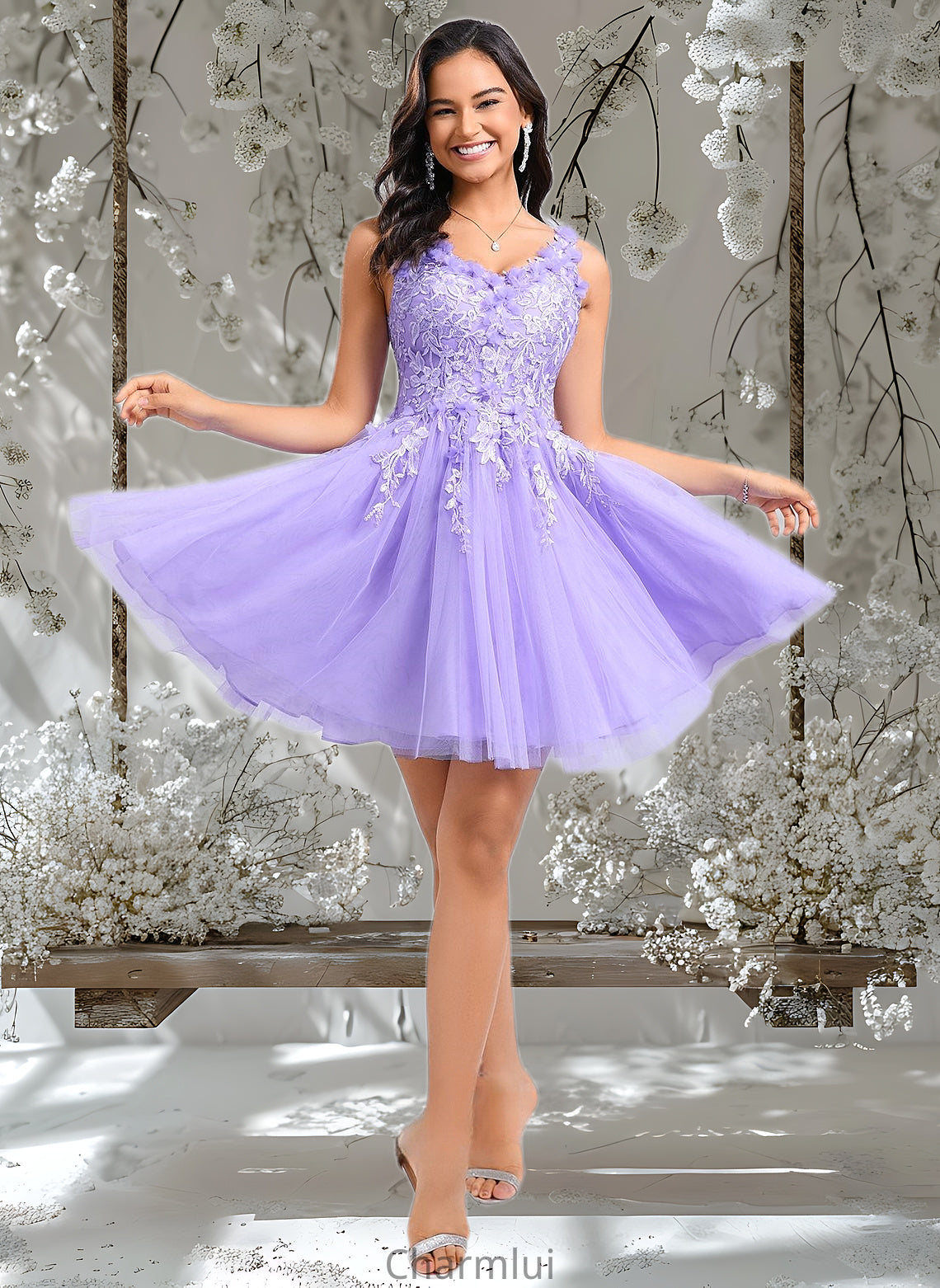 Everly Ball-Gown/Princess V-Neck Short Lace Tulle Homecoming Dress With Flower DYP0025656