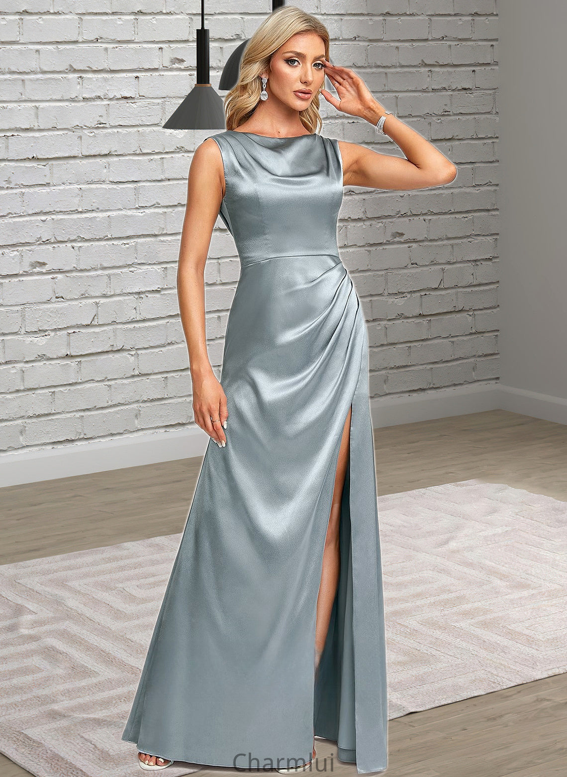 Liana A-line Scoop Cowl Floor-Length Stretch Satin Prom Dresses DYP0025878