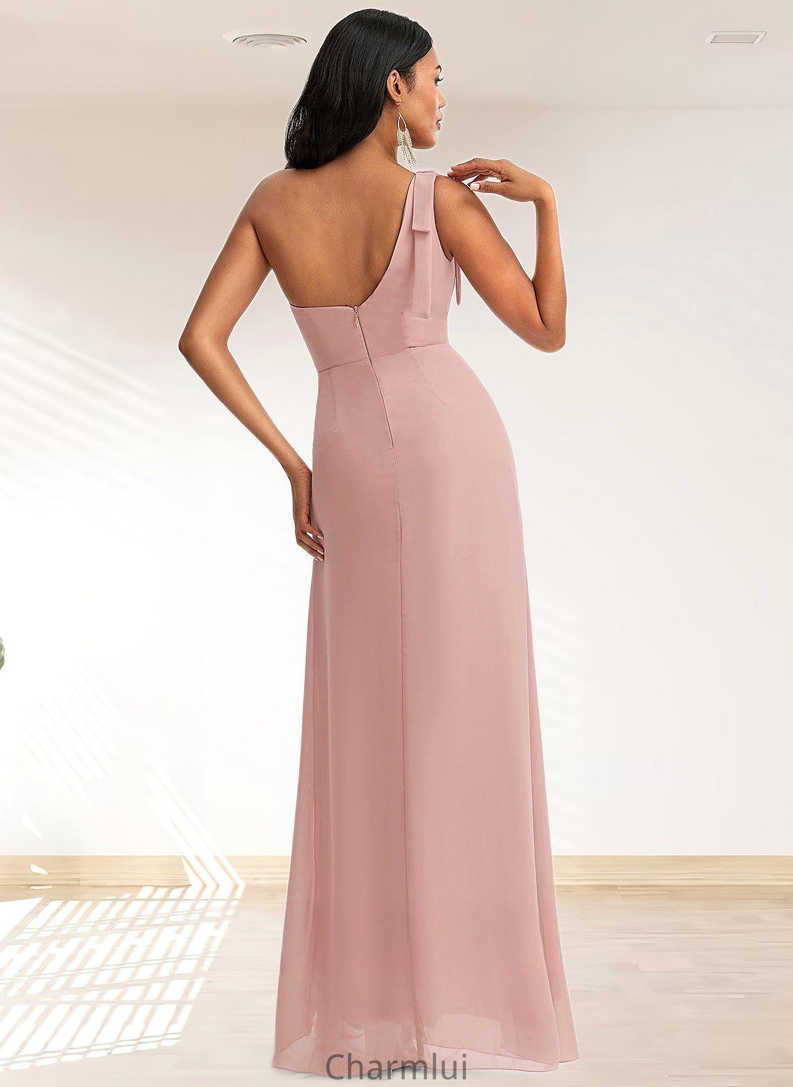 Chasity A-line One Shoulder Floor-Length Chiffon Bridesmaid Dress With Bow DYP0025748