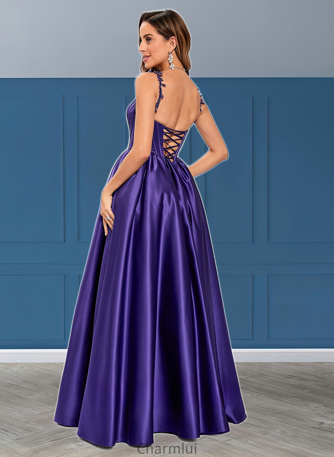 Yaritza Ball-Gown/Princess Scoop Floor-Length Satin Prom Dresses With Appliques Lace Beading DYP0025865