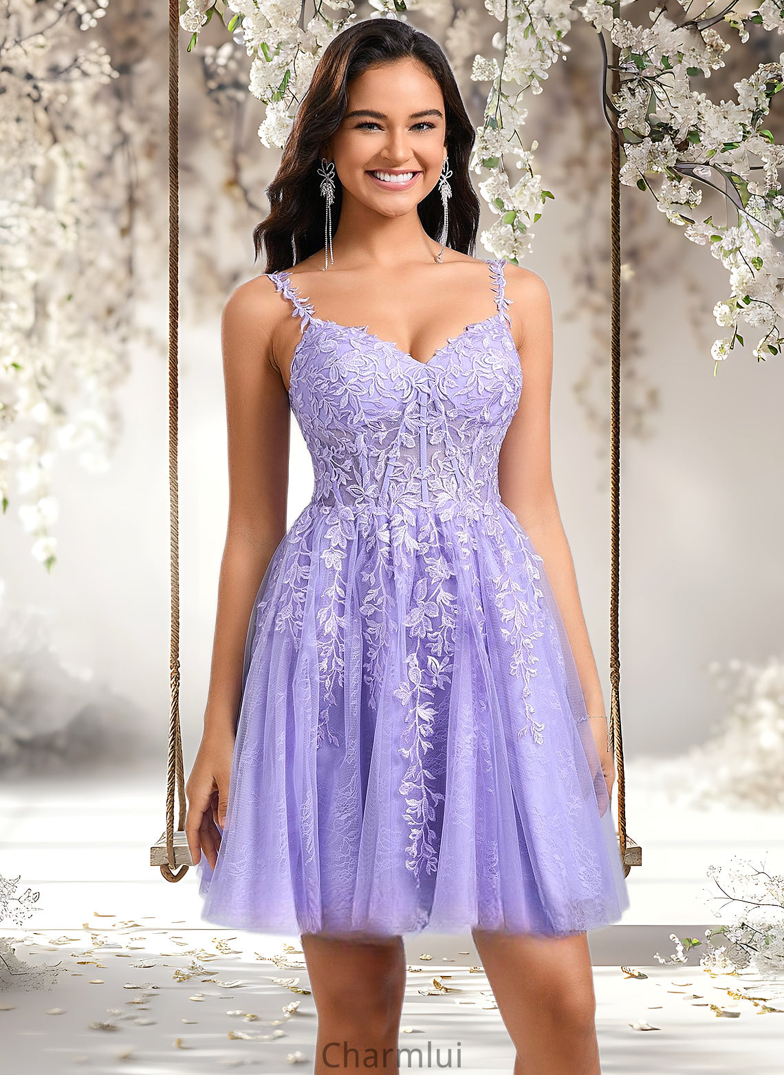 Donna A-line V-Neck Short Tulle Lace Homecoming Dress DYP0025640